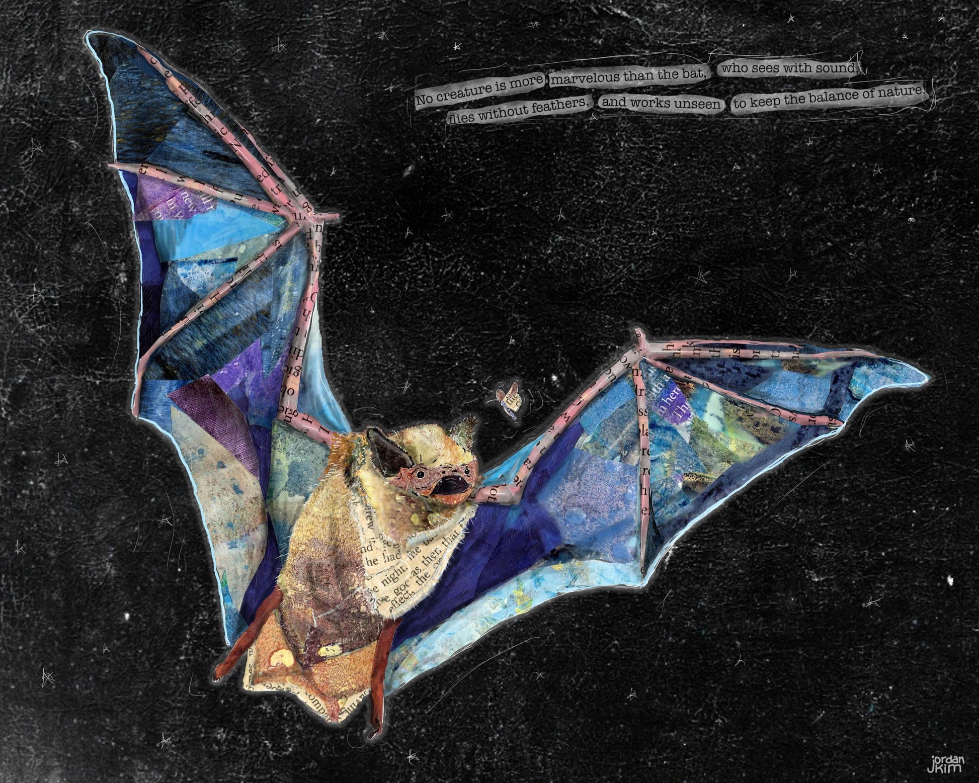 Greeting Card of mixed media collage of a little brown bat done in blues with a night sky and inspirational quote about bats - Blank Inside