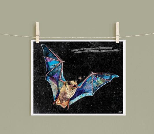 8x10 Art Print of a mixed media collage of a little brown bat done in blues with a night sky and inspirational quote about bats