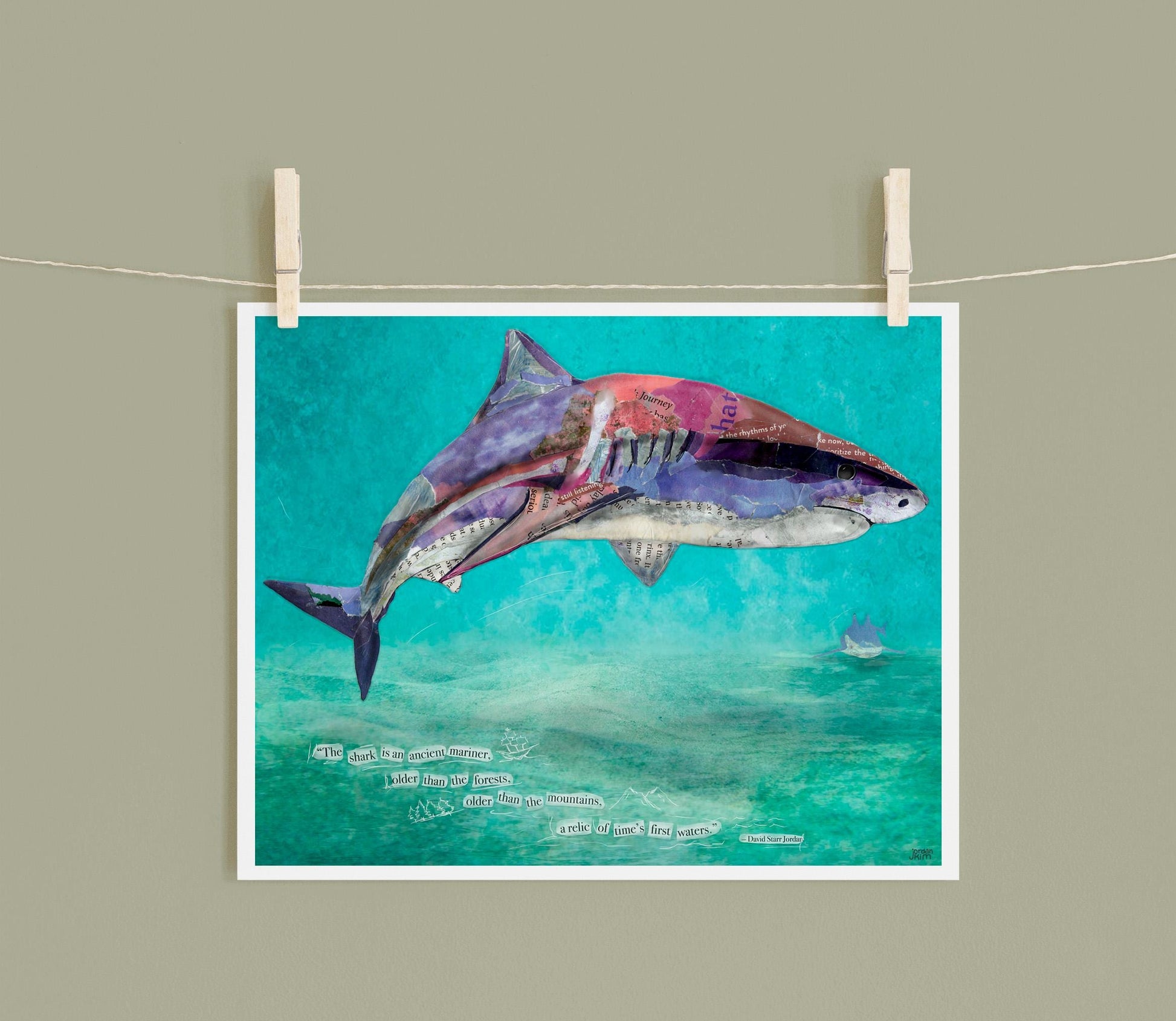 8x10 Art Print of a mixed media collage of a tiger shark done in purples and pinks and inspirational quote about sharks