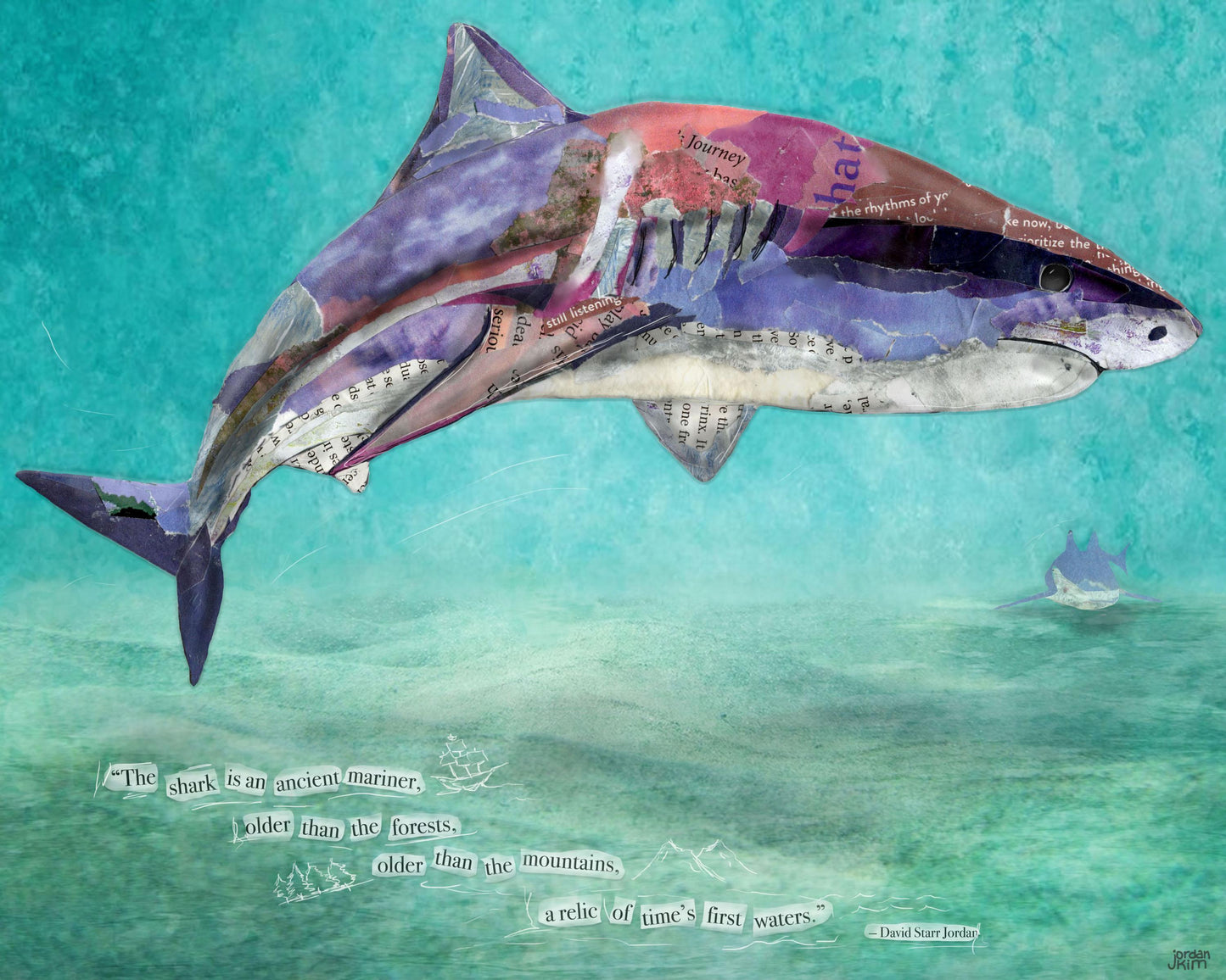 Greeting Card of mixed media collage of a tiger shark done in pinks and purples and inspirational quote about sharks - Blank Inside