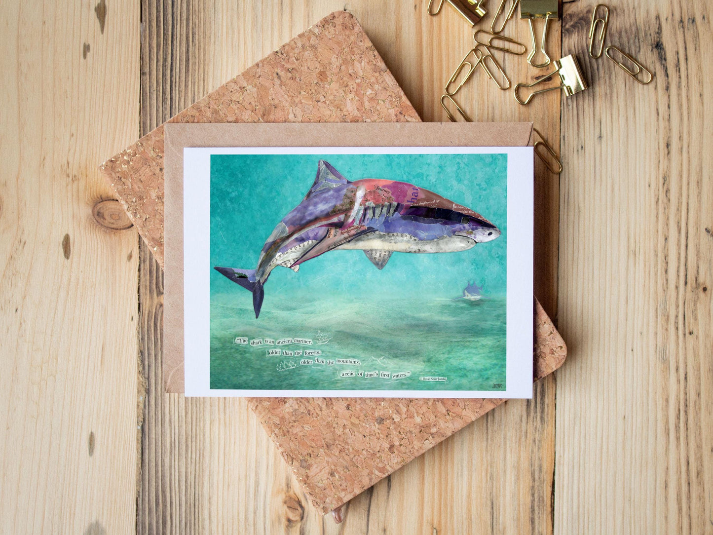 Greeting Card of mixed media collage of a tiger shark done in pinks and purples and inspirational quote about sharks - Blank Inside