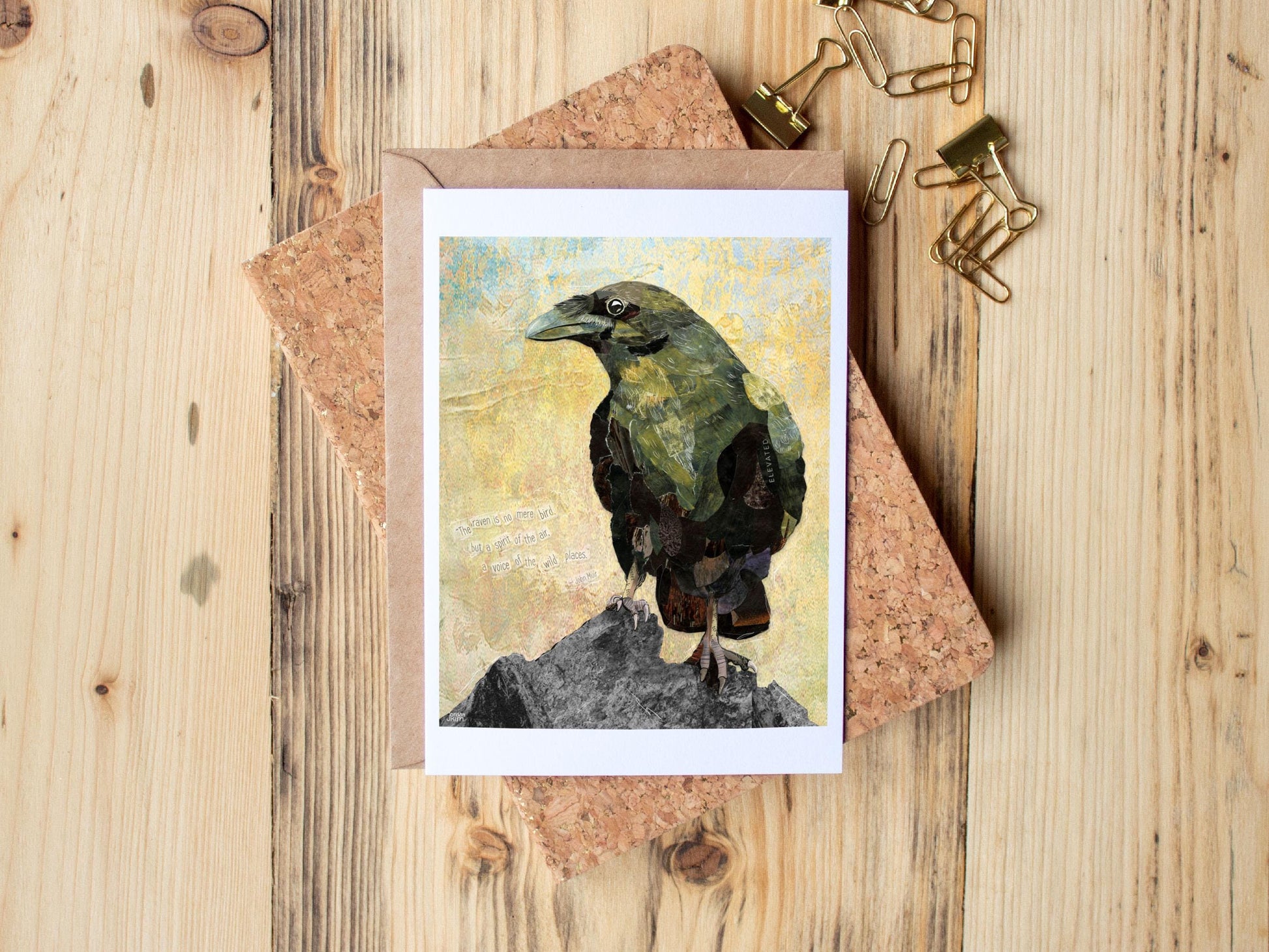 Greeting Card of mixed media collage of a black green raven perched on a rock and inspirational quote about ravens - Blank Inside