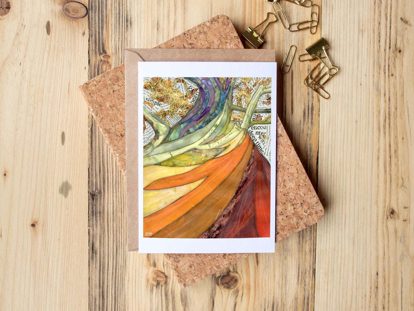 Greeting Card of mixed media collage of a rainbow colored bark winding up a tree trunk into gold flecked leaves above - Blank Inside