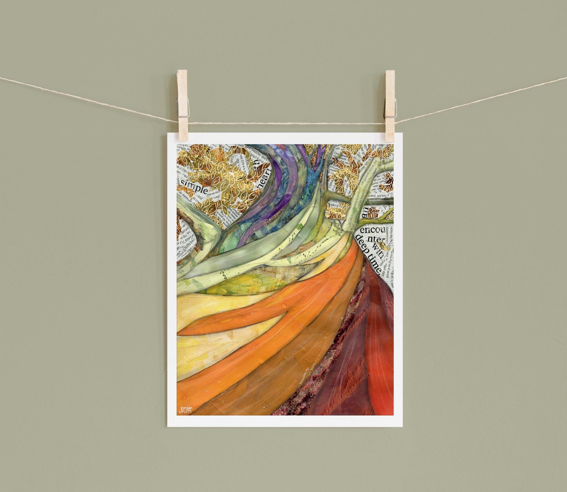 8x10 Art Print of a mixed media collage of a rainbow colored bark winding up a tree trunk into gold flecked leaves above