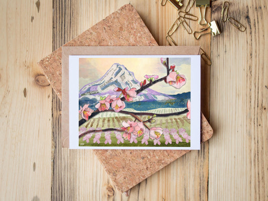 Greeting Card of a mixed media collage of Mt. Hood with blooming pear, apple, and cherry orchards pink blossoms frame mountain- Blank Inside