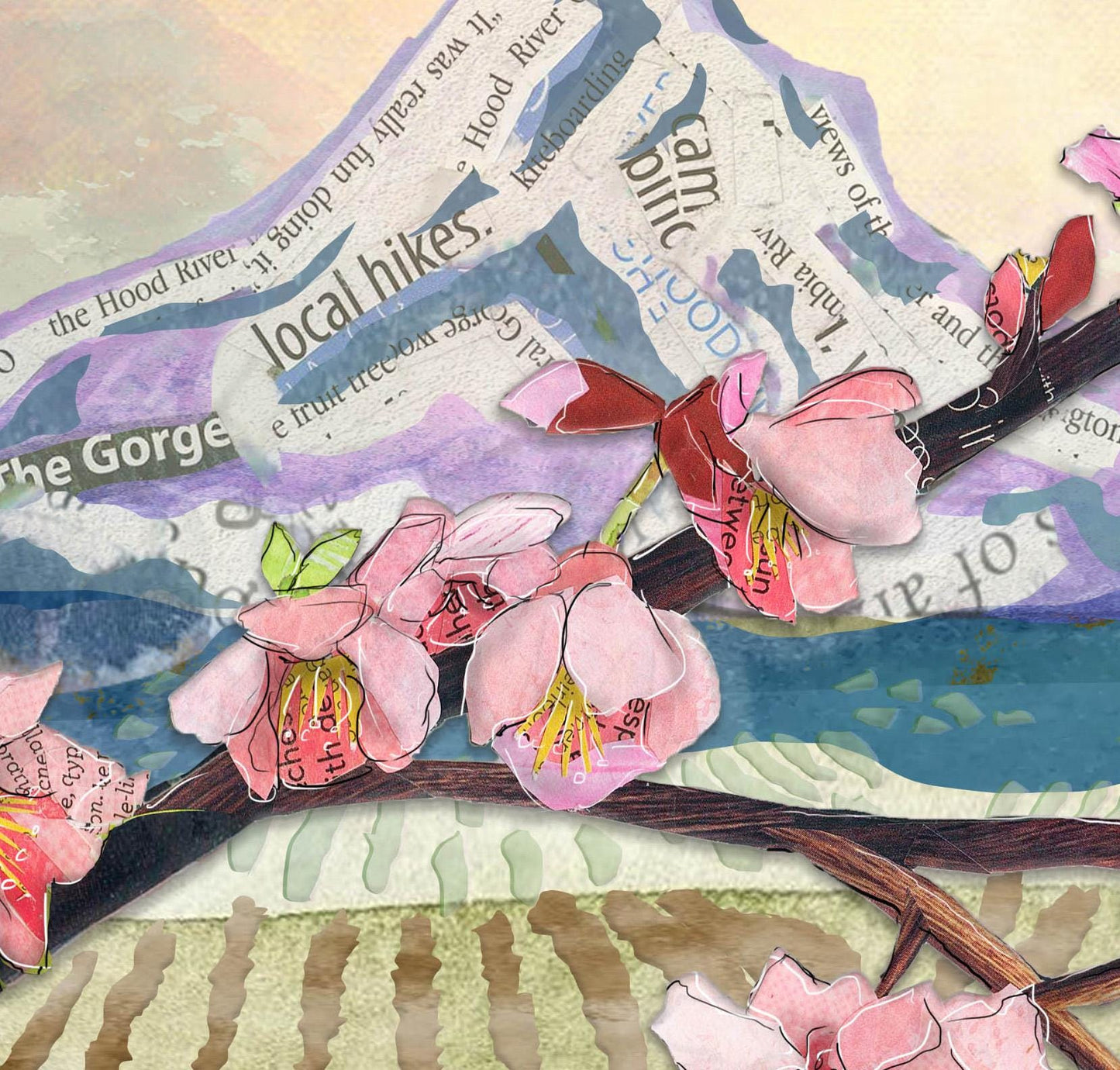 Greeting Card of a mixed media collage of Mt. Hood with blooming pear, apple, and cherry orchards pink blossoms frame mountain- Blank Inside