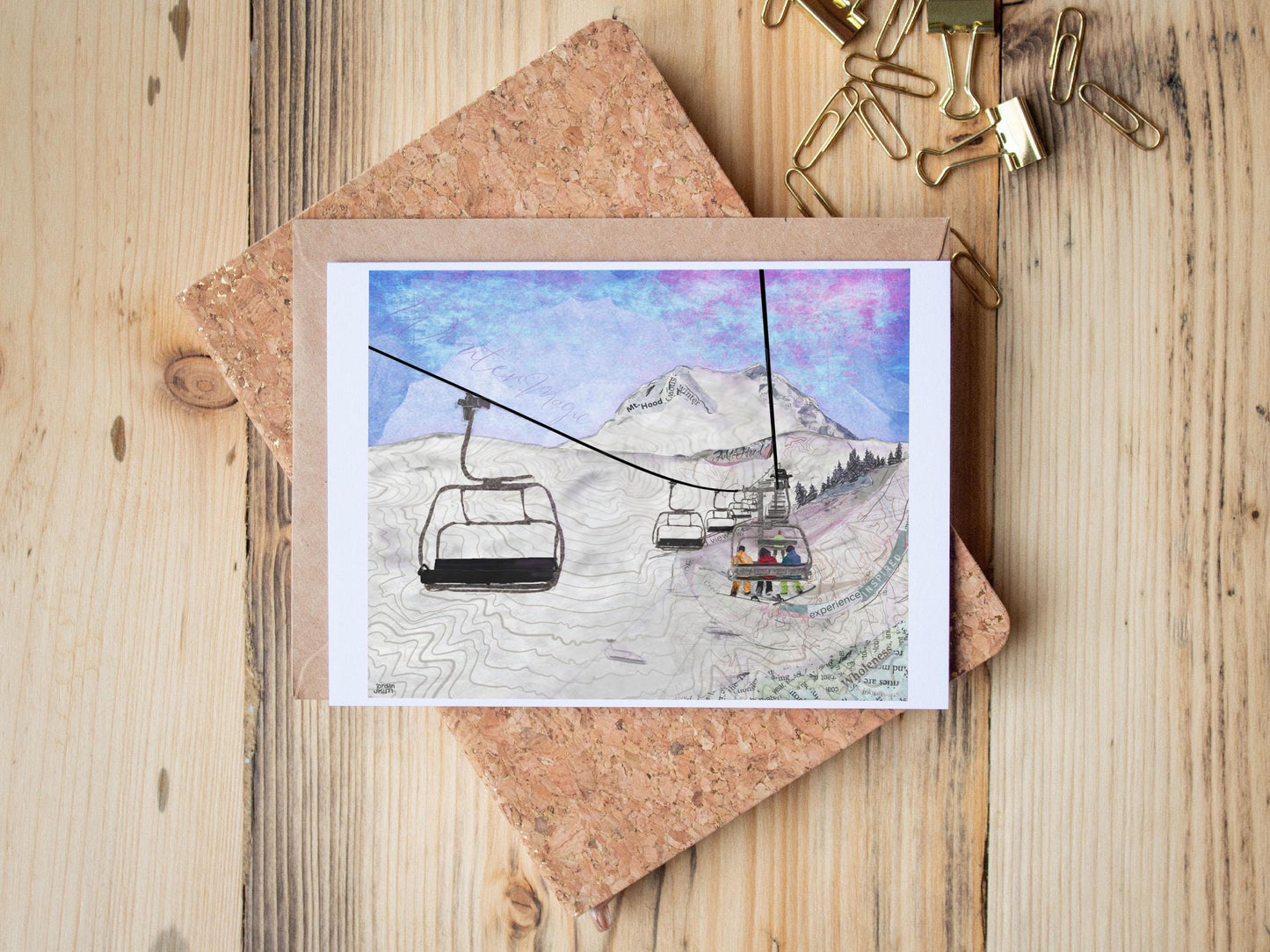 Mt Hood Snow Greeting Card – Ski Lift Winter Scene – Snowboarders & Skiers – 5x7 Oregon Card