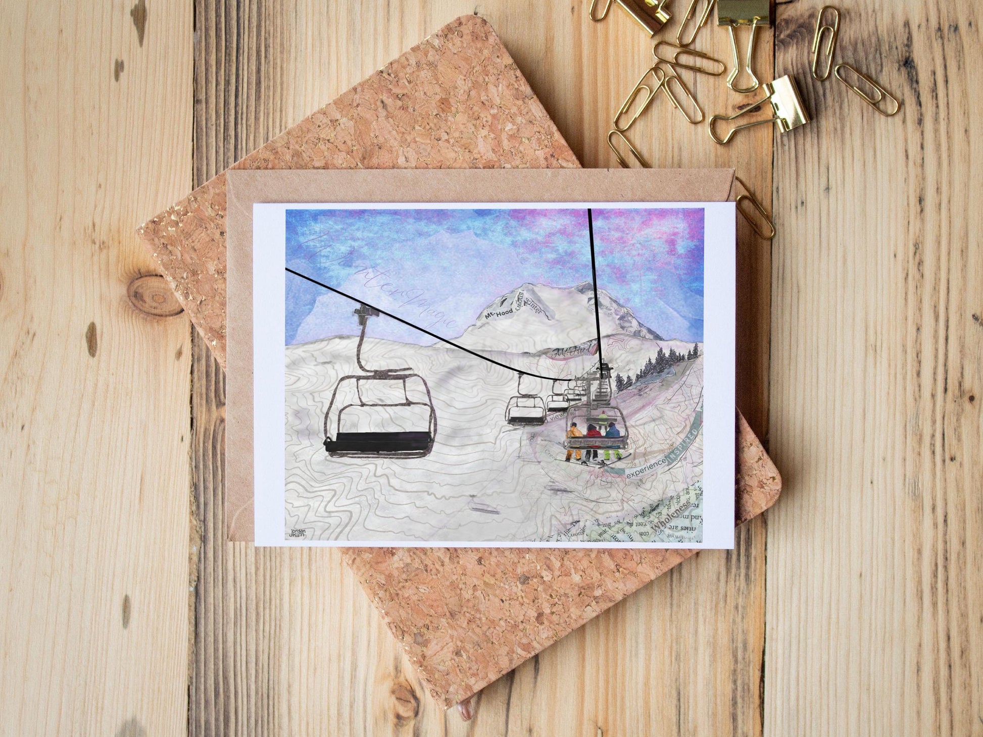 Mt Hood Snow Greeting Card – Ski Lift Winter Scene – Snowboarders & Skiers – 5x7 Oregon Card