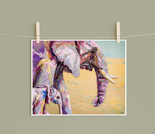 Elephant Matriarch Art Print – 8x10 Elephant Family Collage – Motherhood & Movement Wall Art