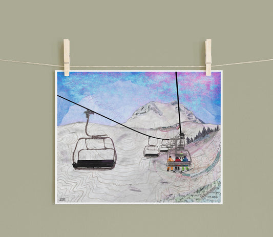 Mt Hood Snow Riders Art Print – 8x10 Winter Sports Collage – Oregon Ski Lift Wall Art