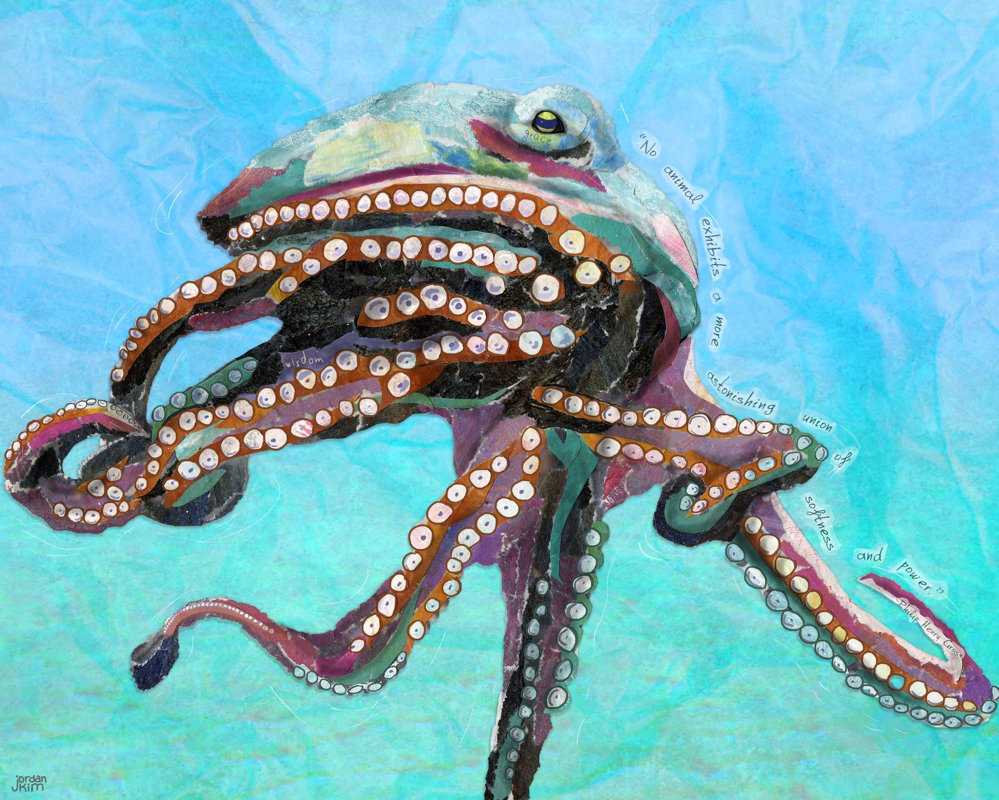 Octopus Wall Art – 8x10 Mixed Media Collage – Inspirational nature work by Found and Rewound