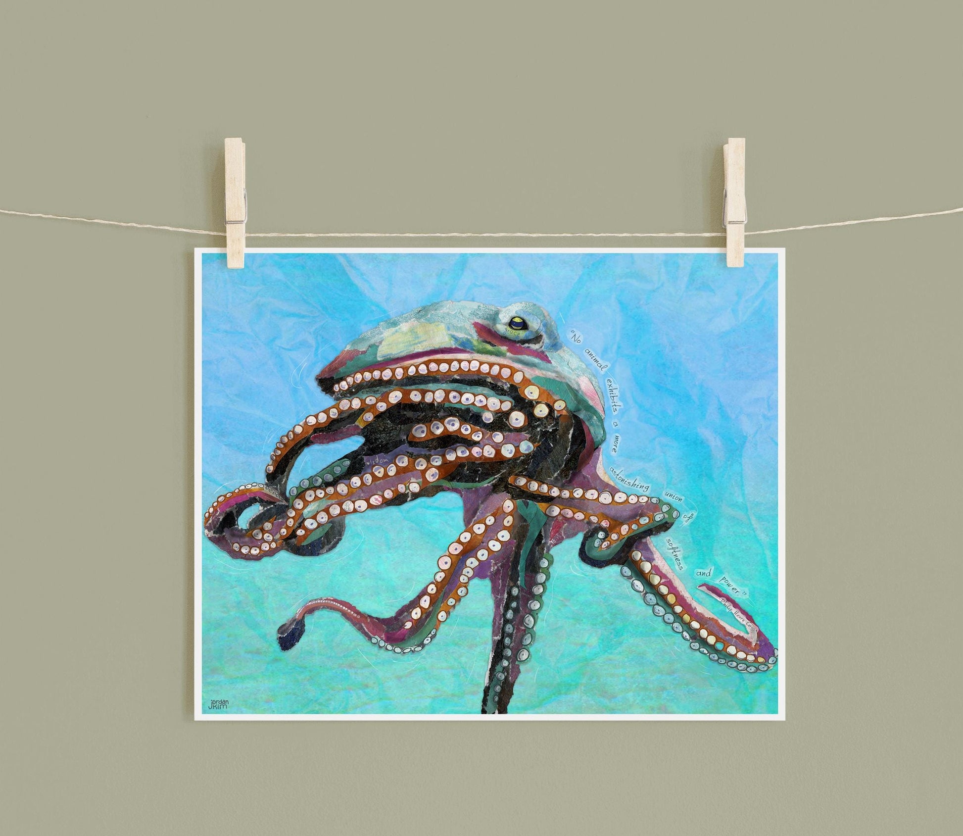 Octopus Wall Art – 8x10 Mixed Media Collage – Inspirational nature work by Found and Rewound