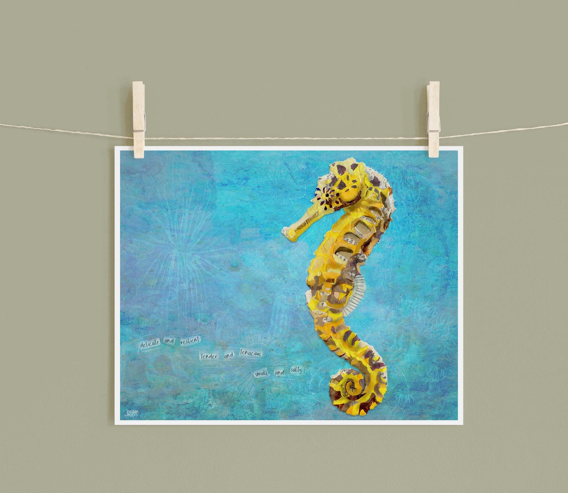 Seahorse Wall Art – 8x10 Mixed Media Collage – Inspirational nature work by Found and Rewound