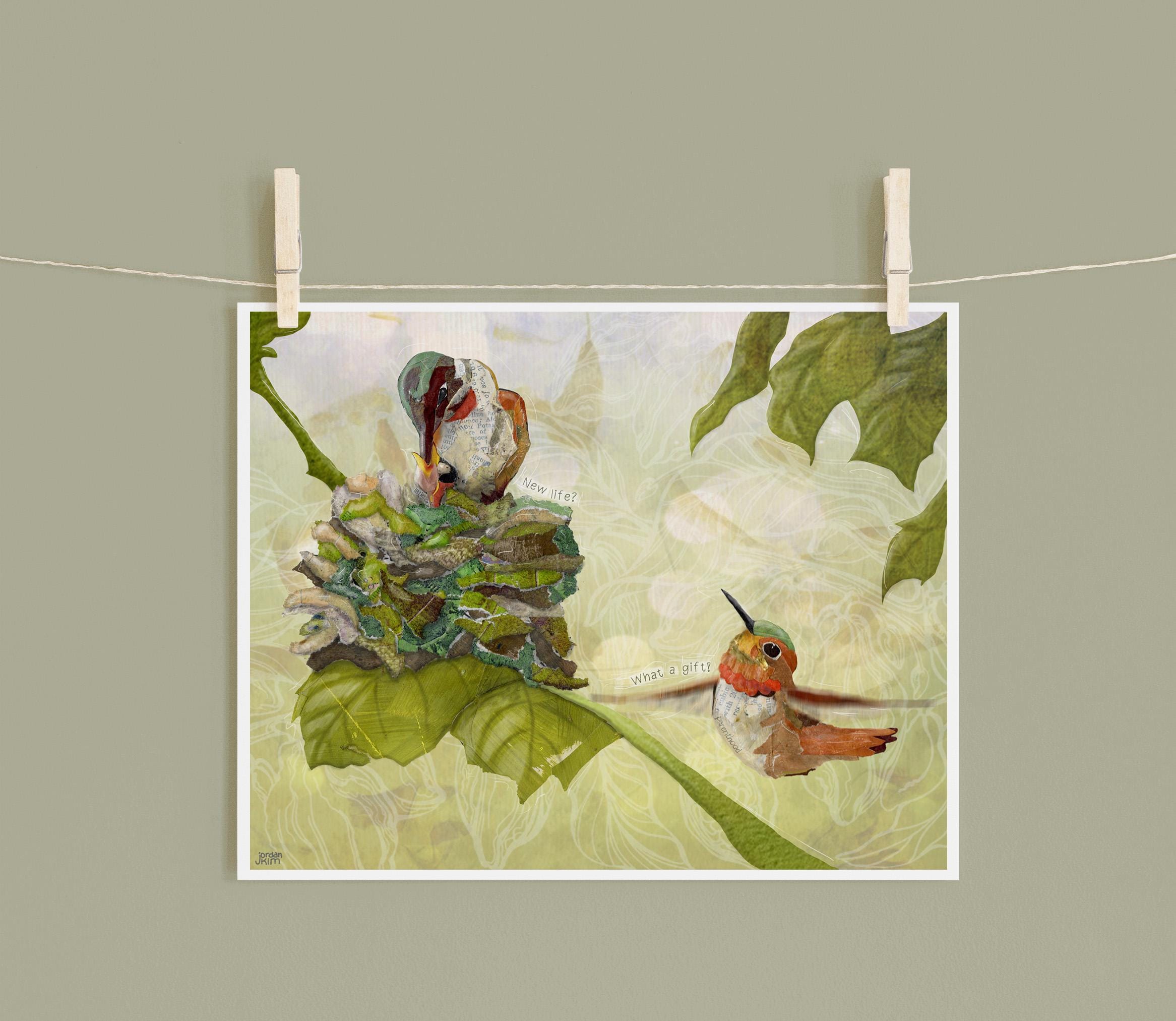Hummingbird Nest Art Print – New Baby Collage (8x10")