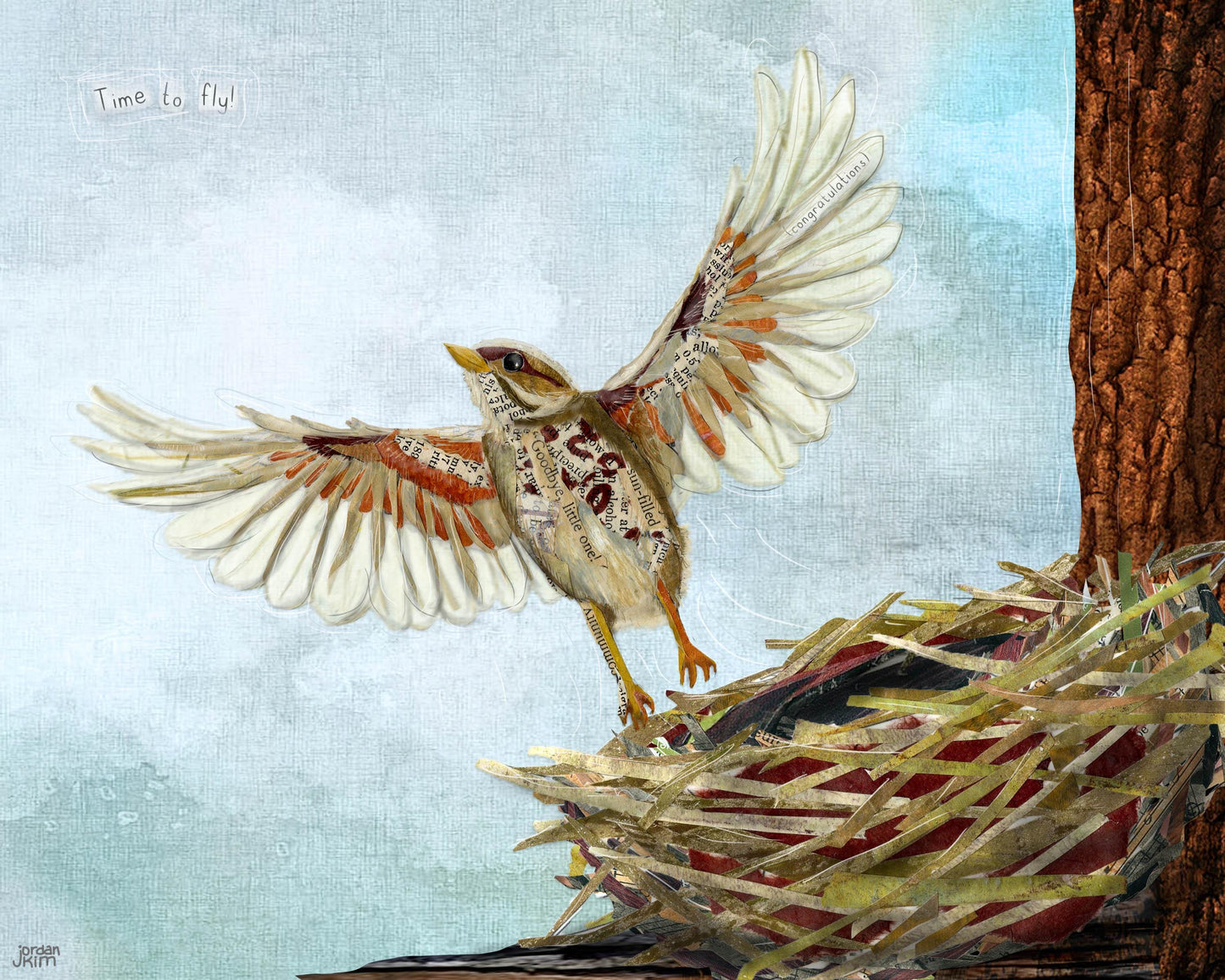 Fledgling Bird Art Print – Graduation Gift - Mixed Media Collage (8x10, Recycled Cardstock)