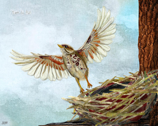 Fledgling Bird Art Print – Graduation Gift - Mixed Media Collage (8x10, Recycled Cardstock)