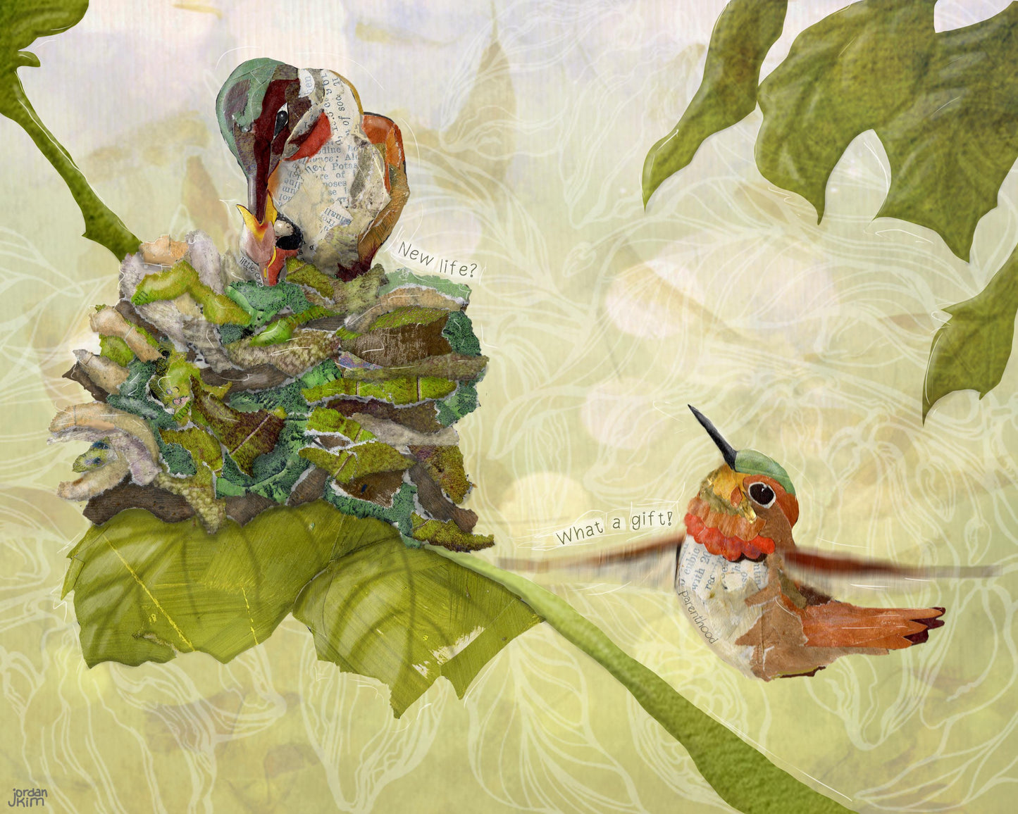 Hummingbird Nest Art Print – New Baby Collage (8x10")