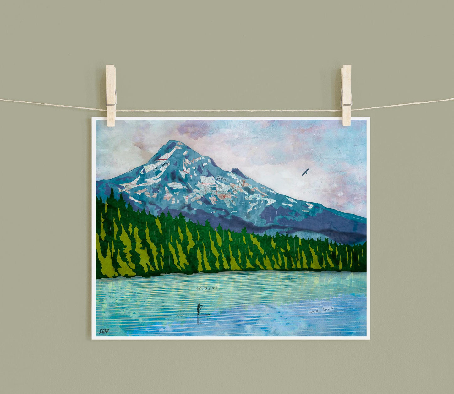 Lost Lake Collage Art Print – 8x10 Mixed Media Columbia Gorge Landscape