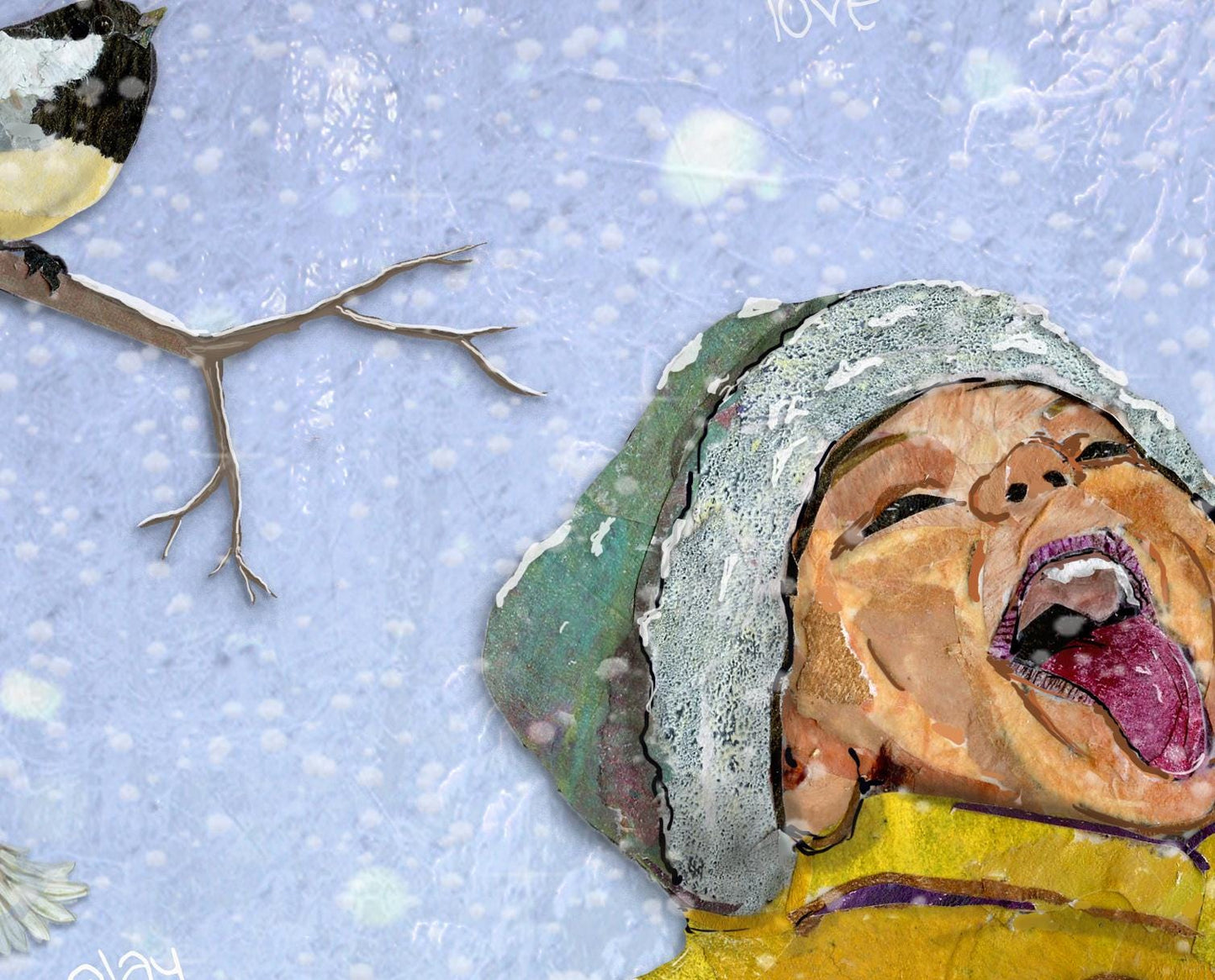 Child Catching Snowflakes Mixed Media Collage Print – 8x10 Winter Chickadee Art