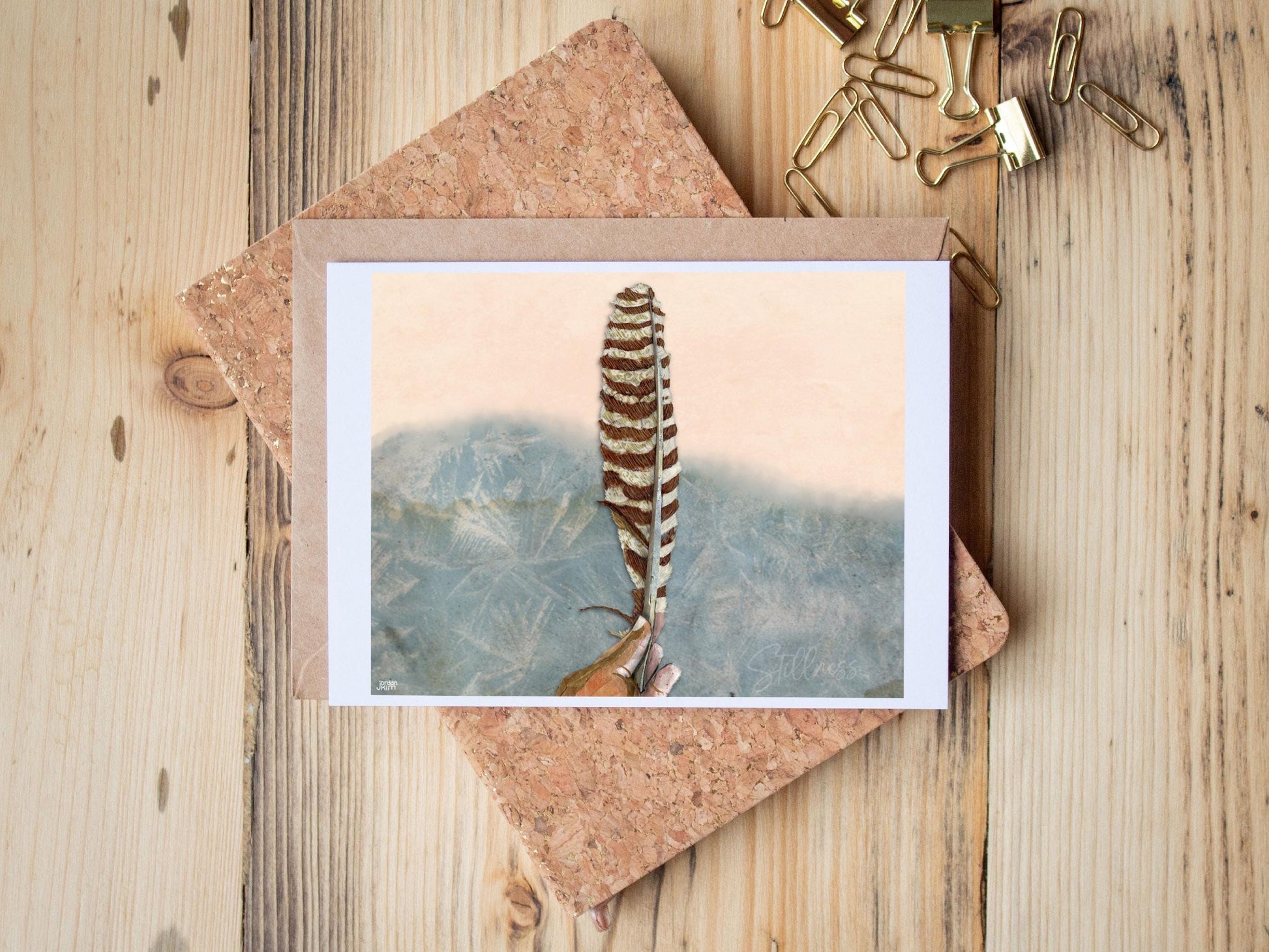 Feather Collage Greeting Card – Hand Holding Turkey Feather, Stillness Art (5x7 Blank )