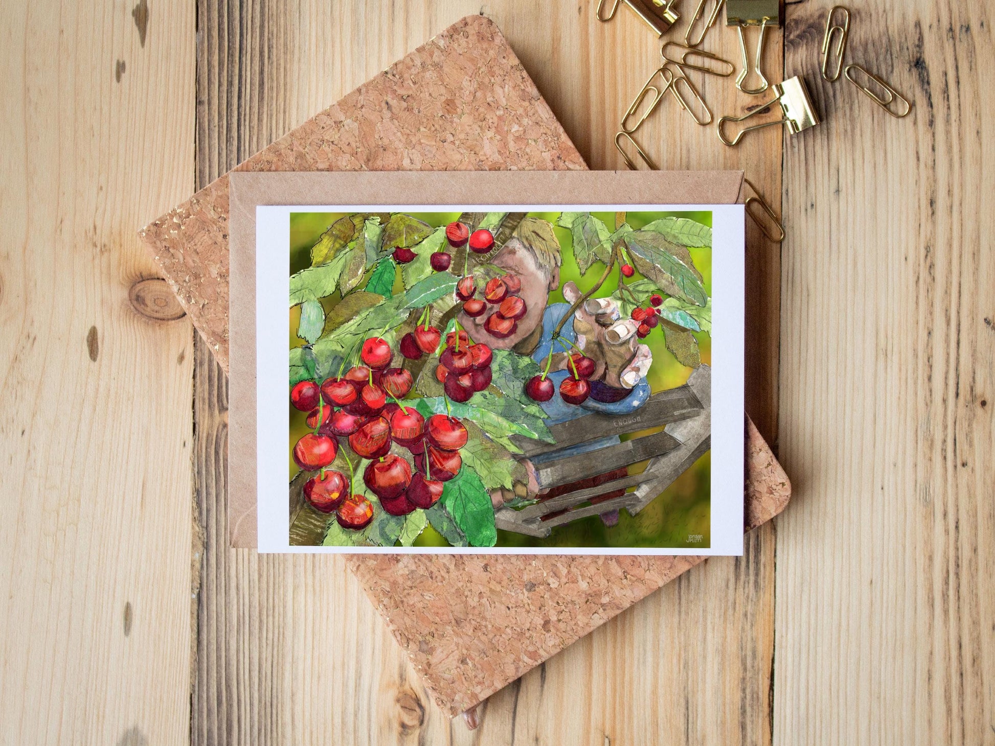 Cherry Picking Collage Card – Person on Ladder, Harvest Scene 5x7 Blank Greeting (Recycled Cardstock)