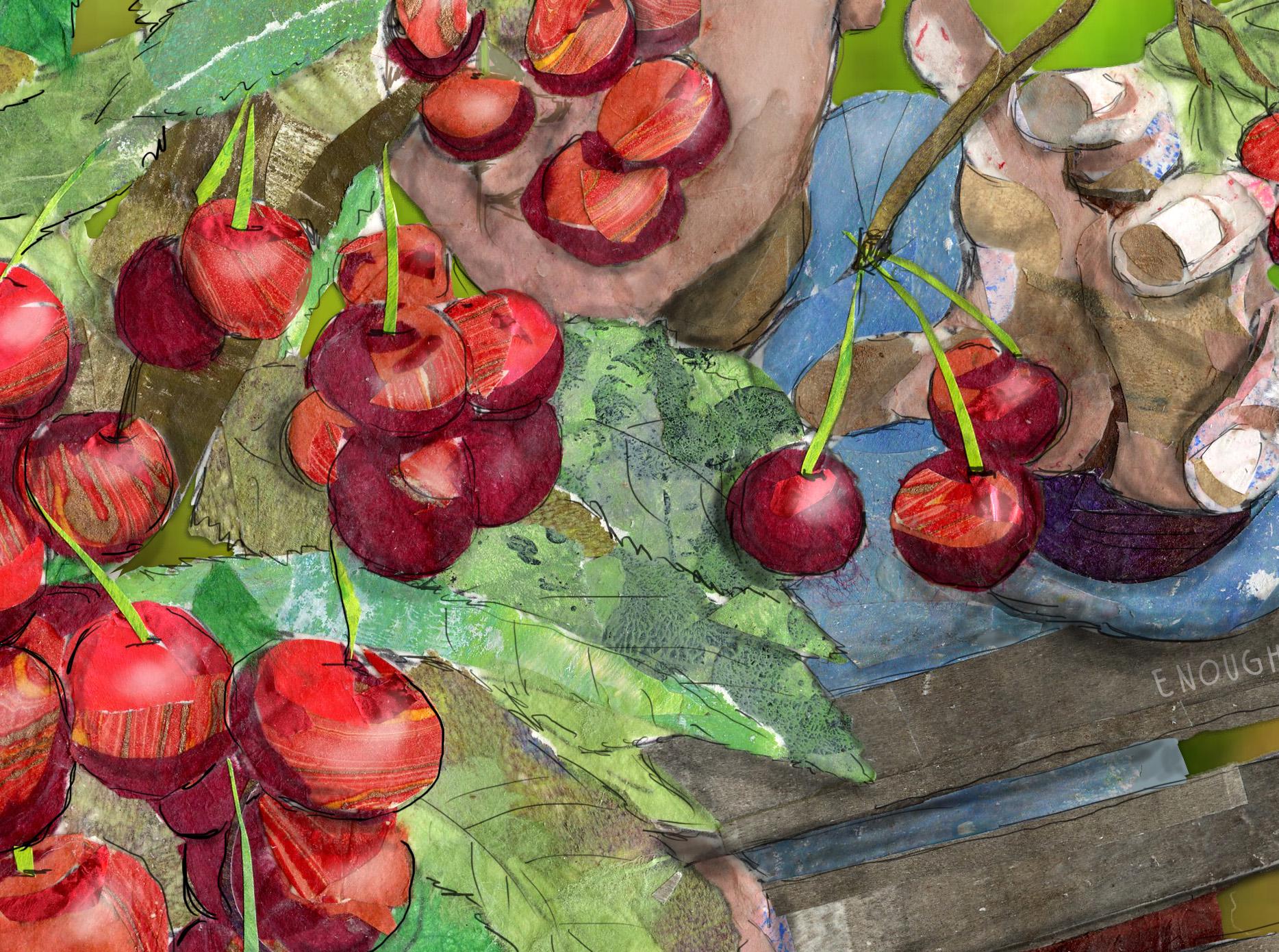 Cherry Picking Collage Art Print – 8x10 Mixed Media Harvesting Cherries Wall Art