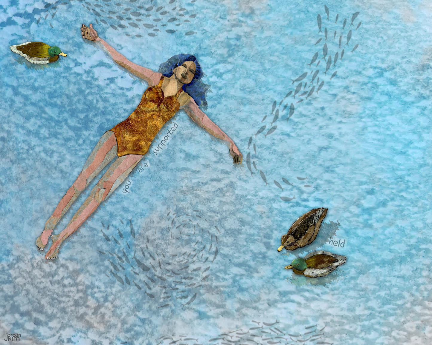 Floating Woman Wall Art – 8x10 Mixed Media Collage Print, Ducks and Fish