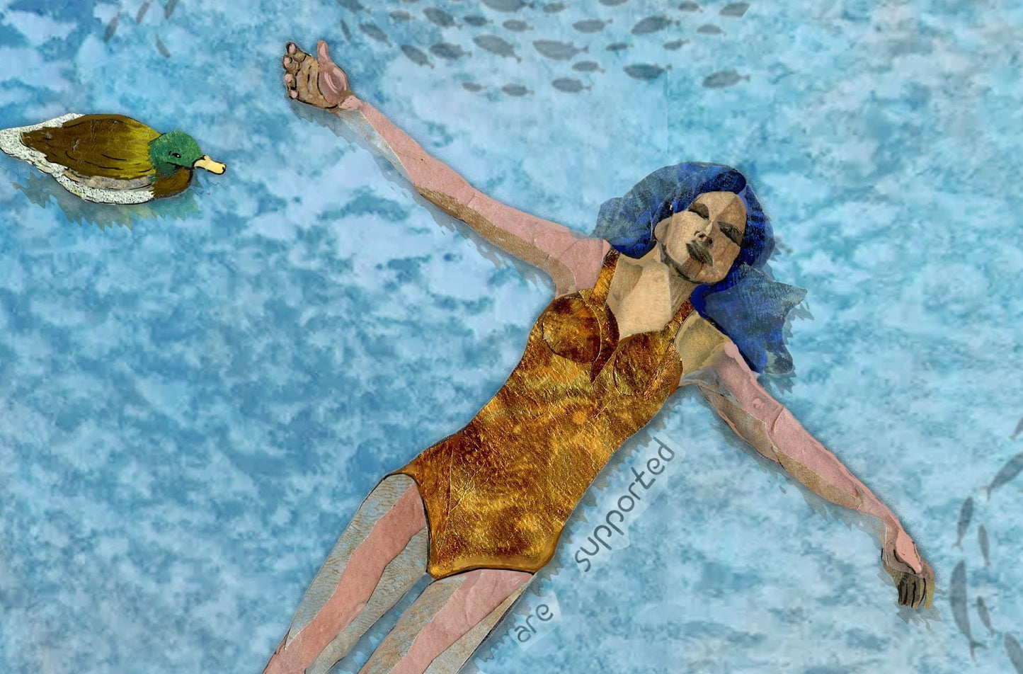 Collage Art Card – Woman Floating with Ducks and Fish (5x7 Blank Greeting)
