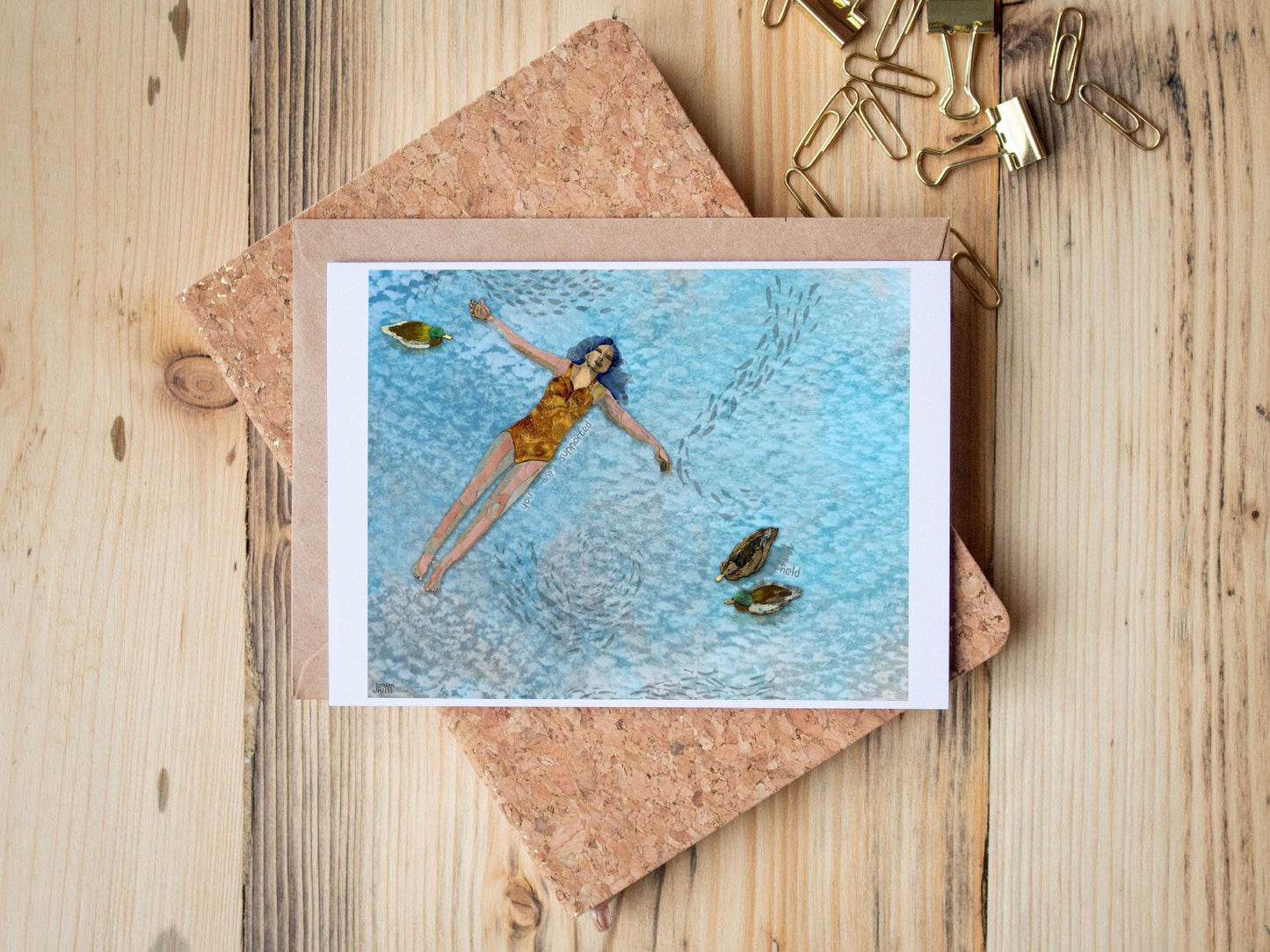 Collage Art Card – Woman Floating with Ducks and Fish (5x7 Blank Greeting)