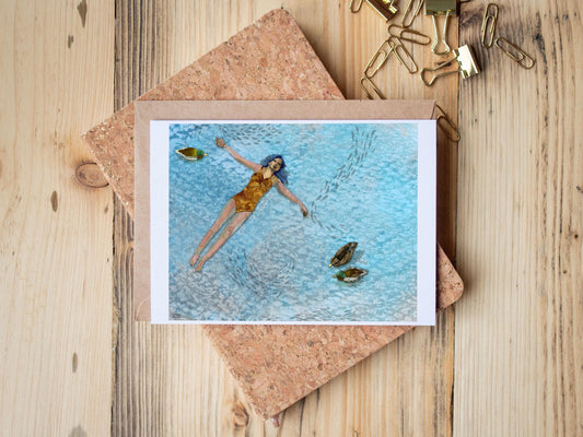 Collage Art Card – Woman Floating with Ducks and Fish (5x7 Blank Greeting)