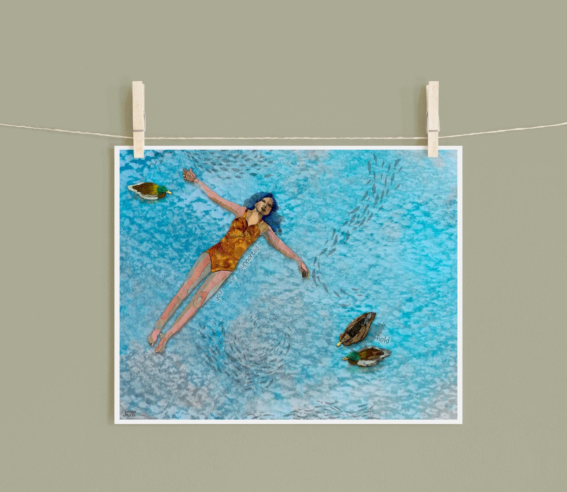 Floating Woman Wall Art – 8x10 Mixed Media Collage Print, Ducks and Fish