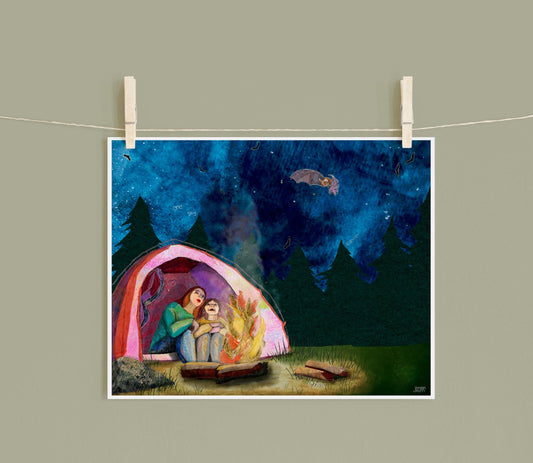 Mother Child Camping Collage Print – Night Sky Bats (8x10)