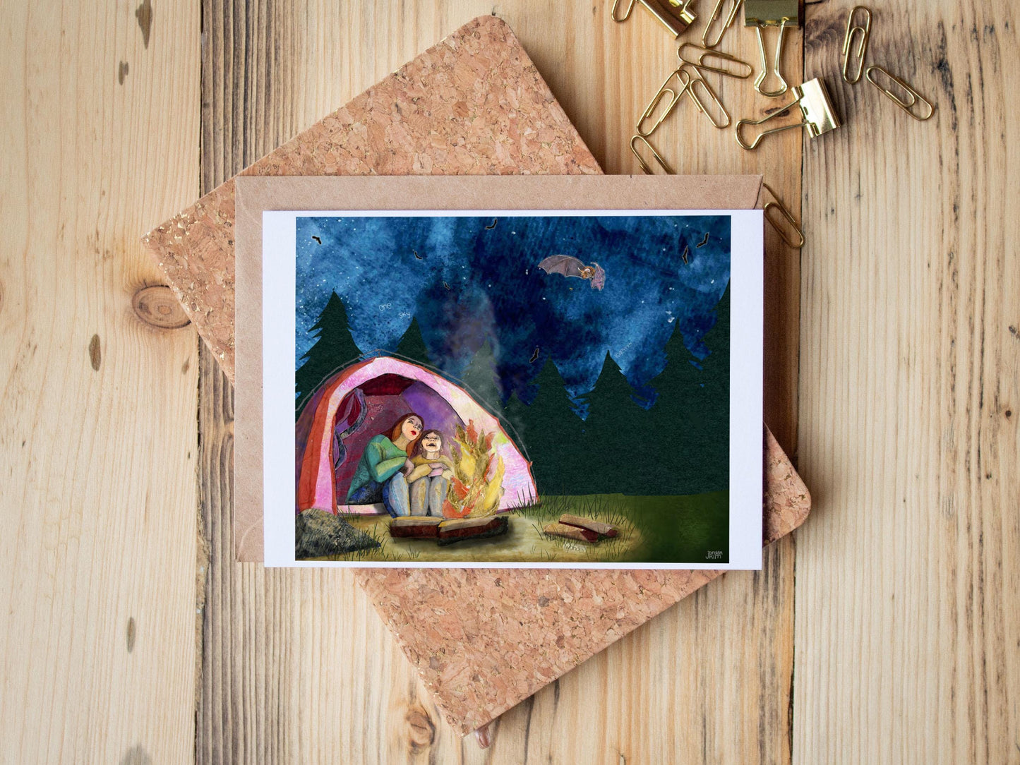 Mother Child Camping Card – Night Sky Bats Collage Greeting (5x7)