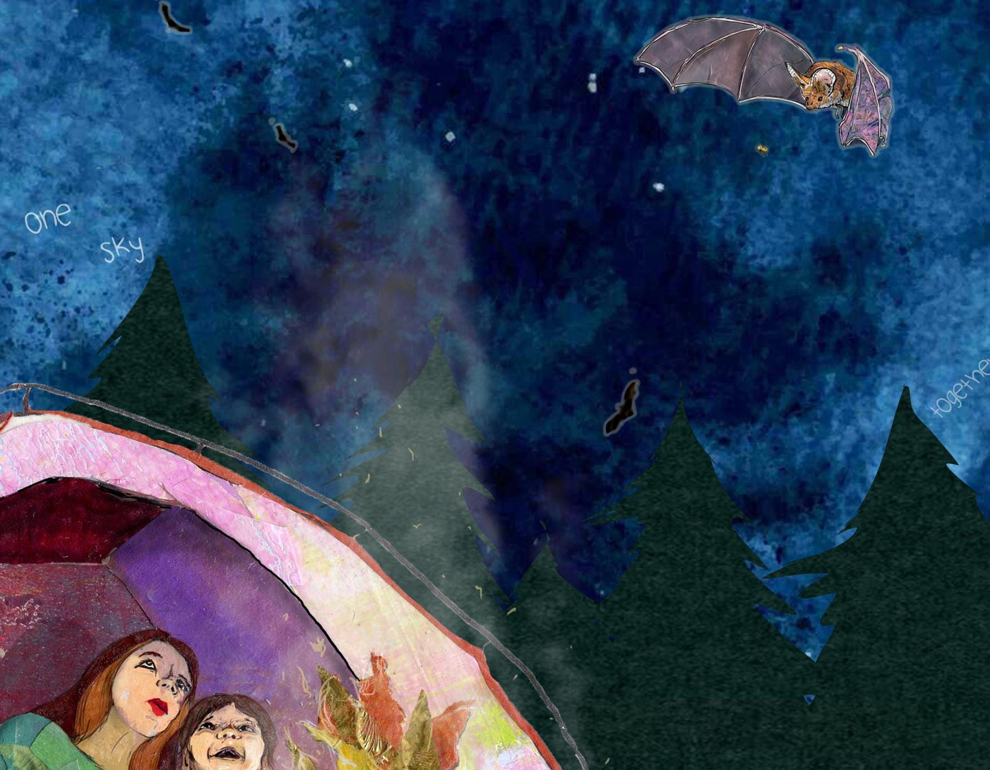 Mother Child Camping Card – Night Sky Bats Collage Greeting (5x7)
