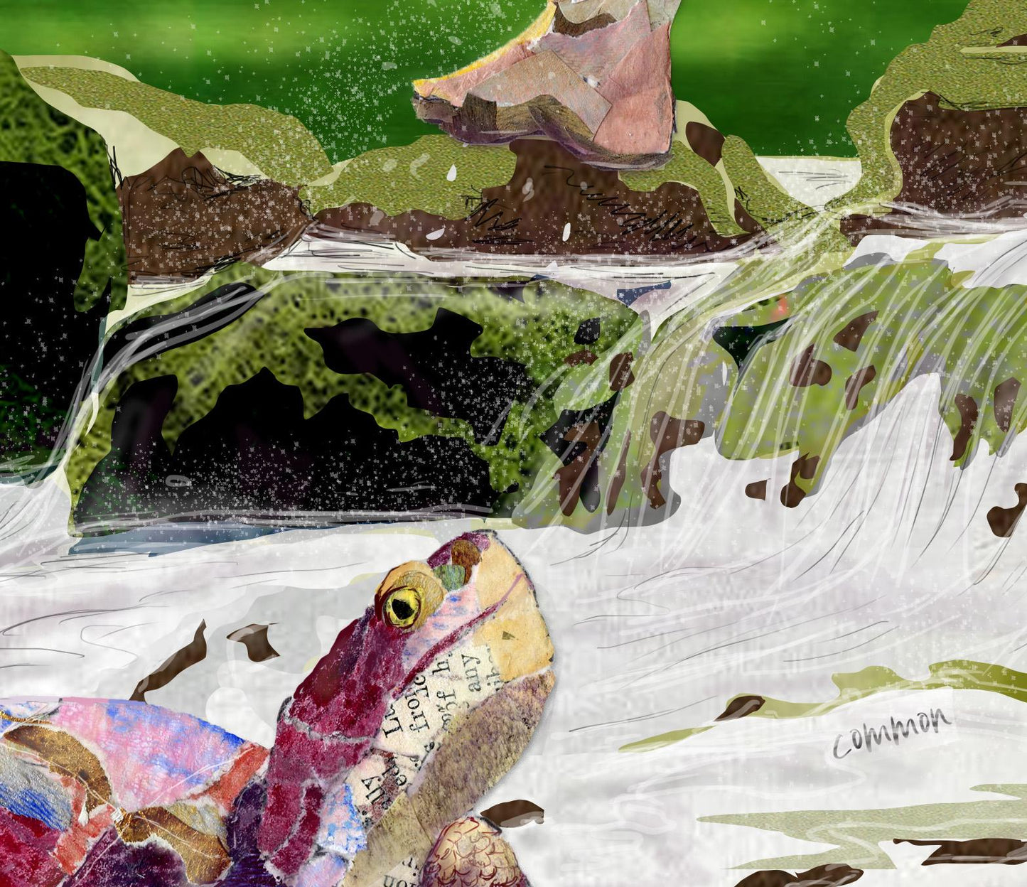 Turtle Toes Mixed Media Collage Art Print – 8x10 Stream Crossing Scene