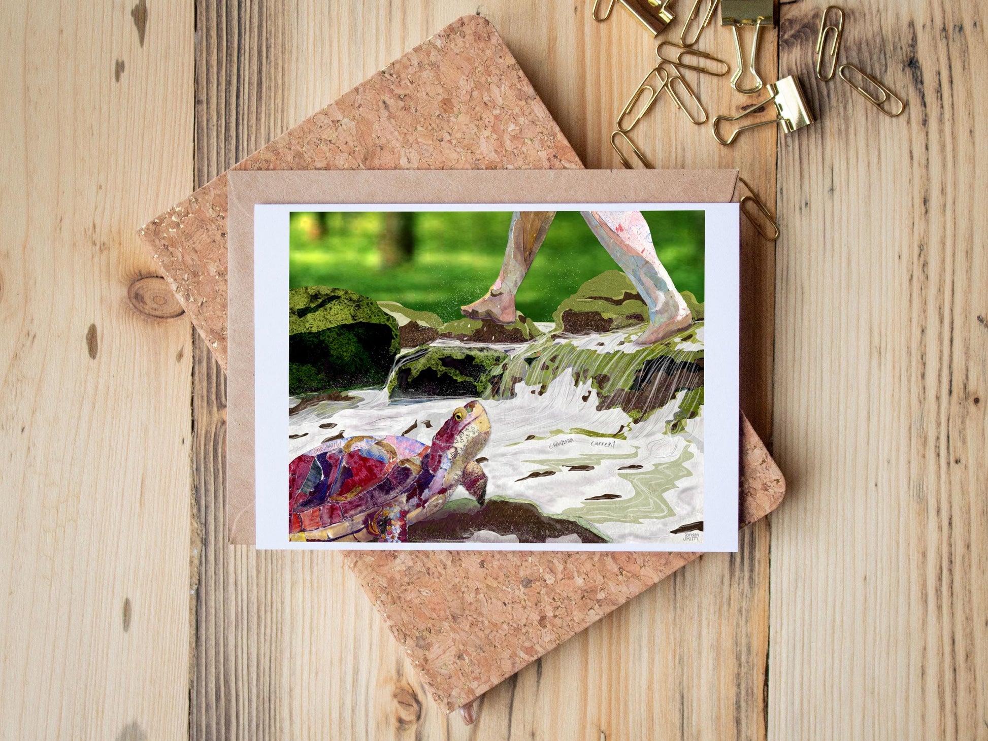 Turtle Toes Card – Paper Collage Feet Crossing Stream, 5x7 Blank Greeting Card