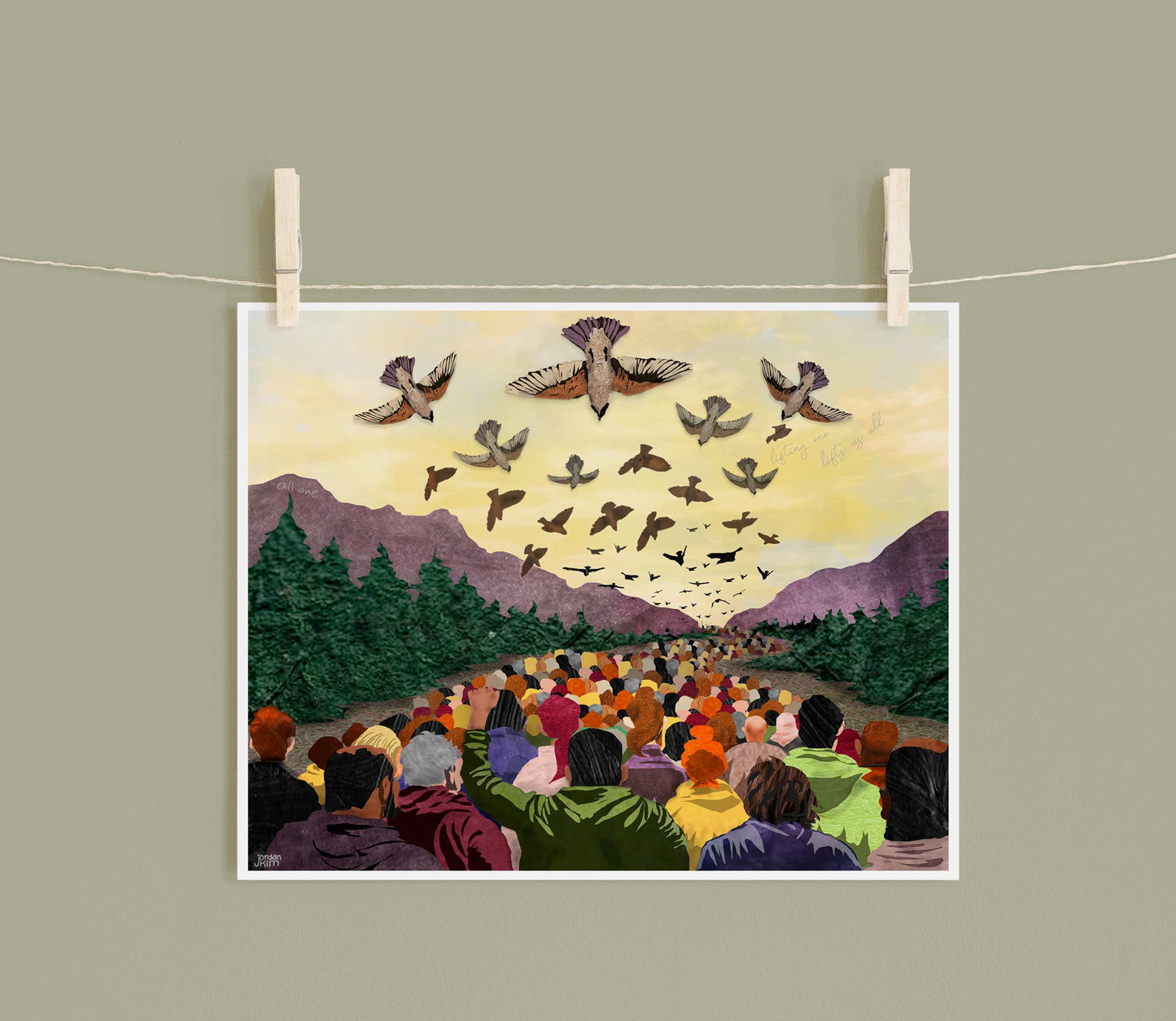 March Migration Collage Print – Birds, People, Mountains – 8x10 Mixed Media Artwork