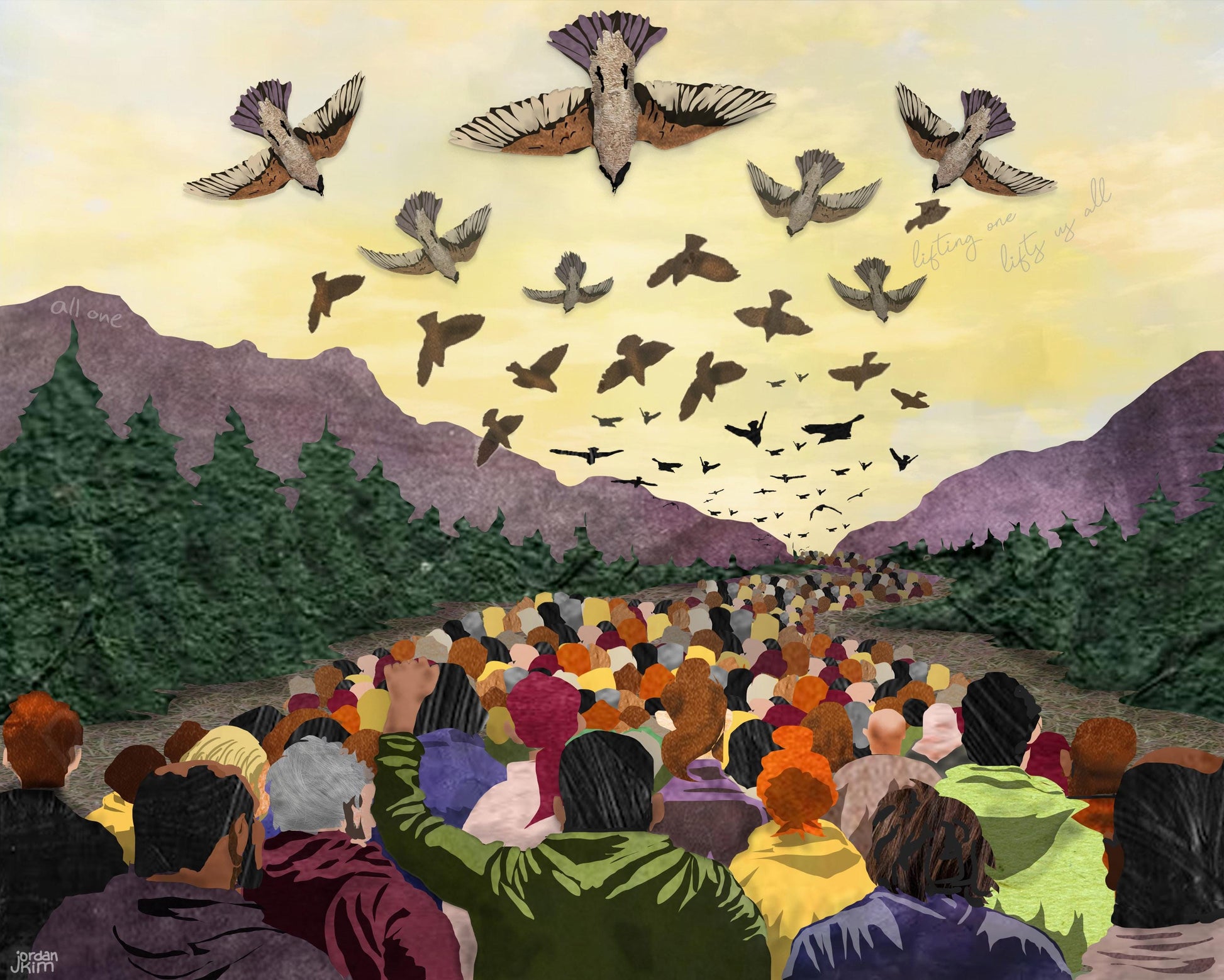 March Migration Collage Print – Birds, People, Mountains – 8x10 Mixed Media Artwork