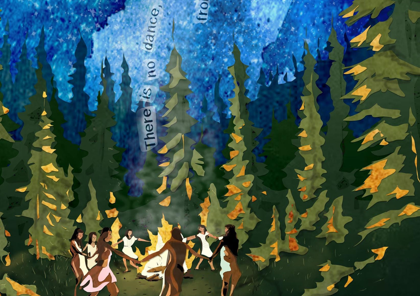 Fire Dance Card – Women Gathering Forest Collage Art (5x7 Greeting Card)