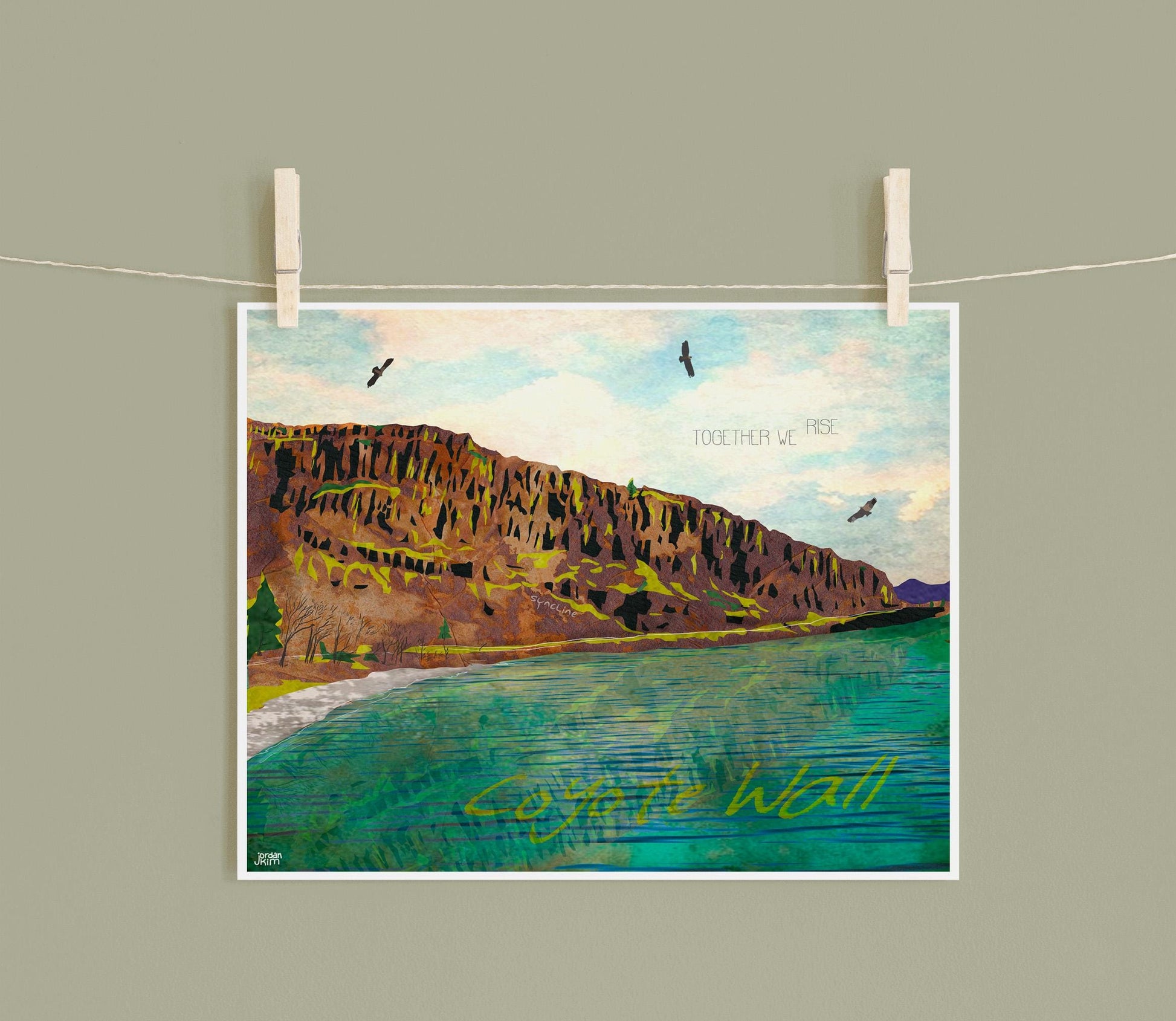 Coyote Wall Art – 8x10 Mixed Media Collage Print – Columbia Gorge Landscape