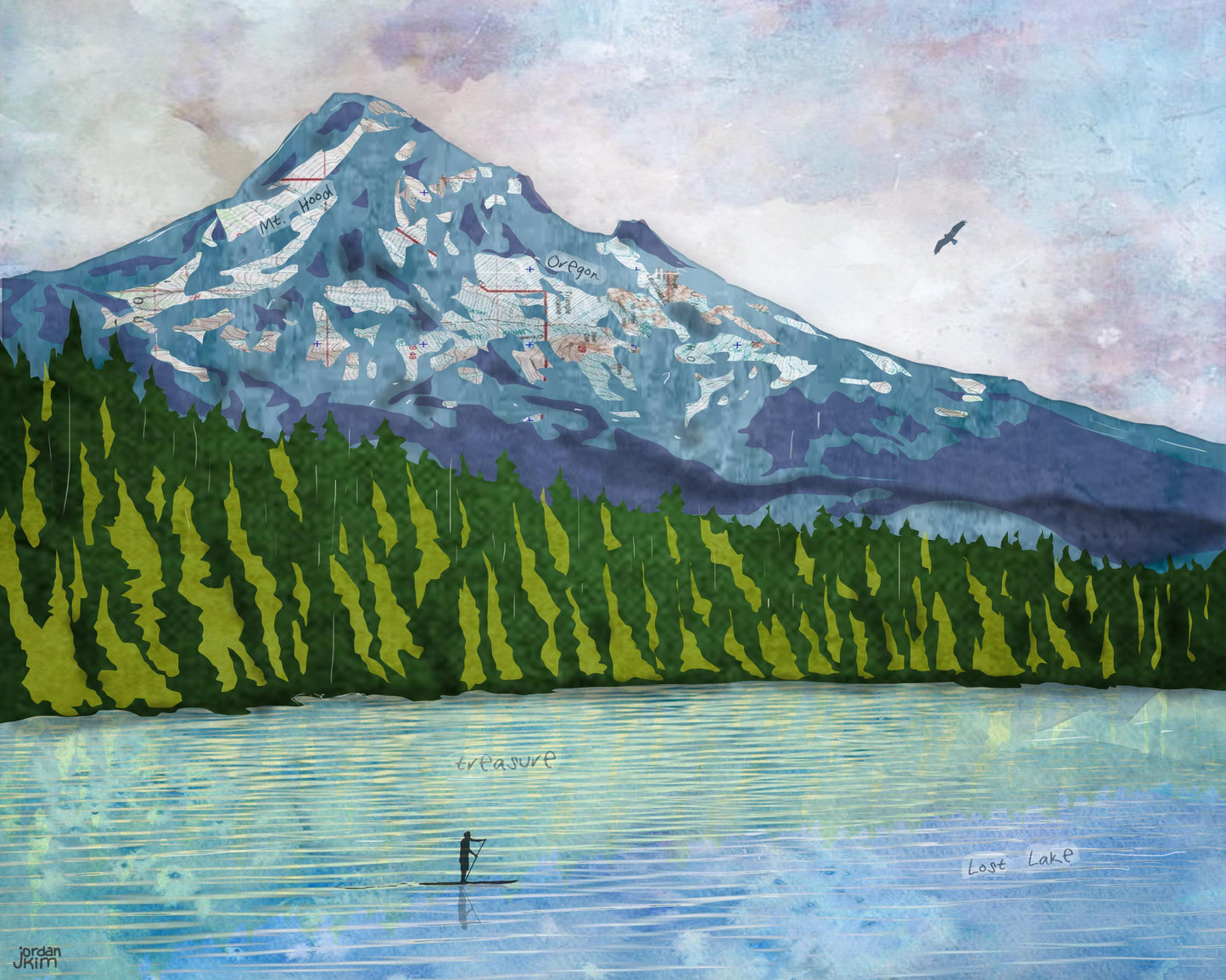 Lost Lake Collage Art Print – 8x10 Mixed Media Columbia Gorge Landscape