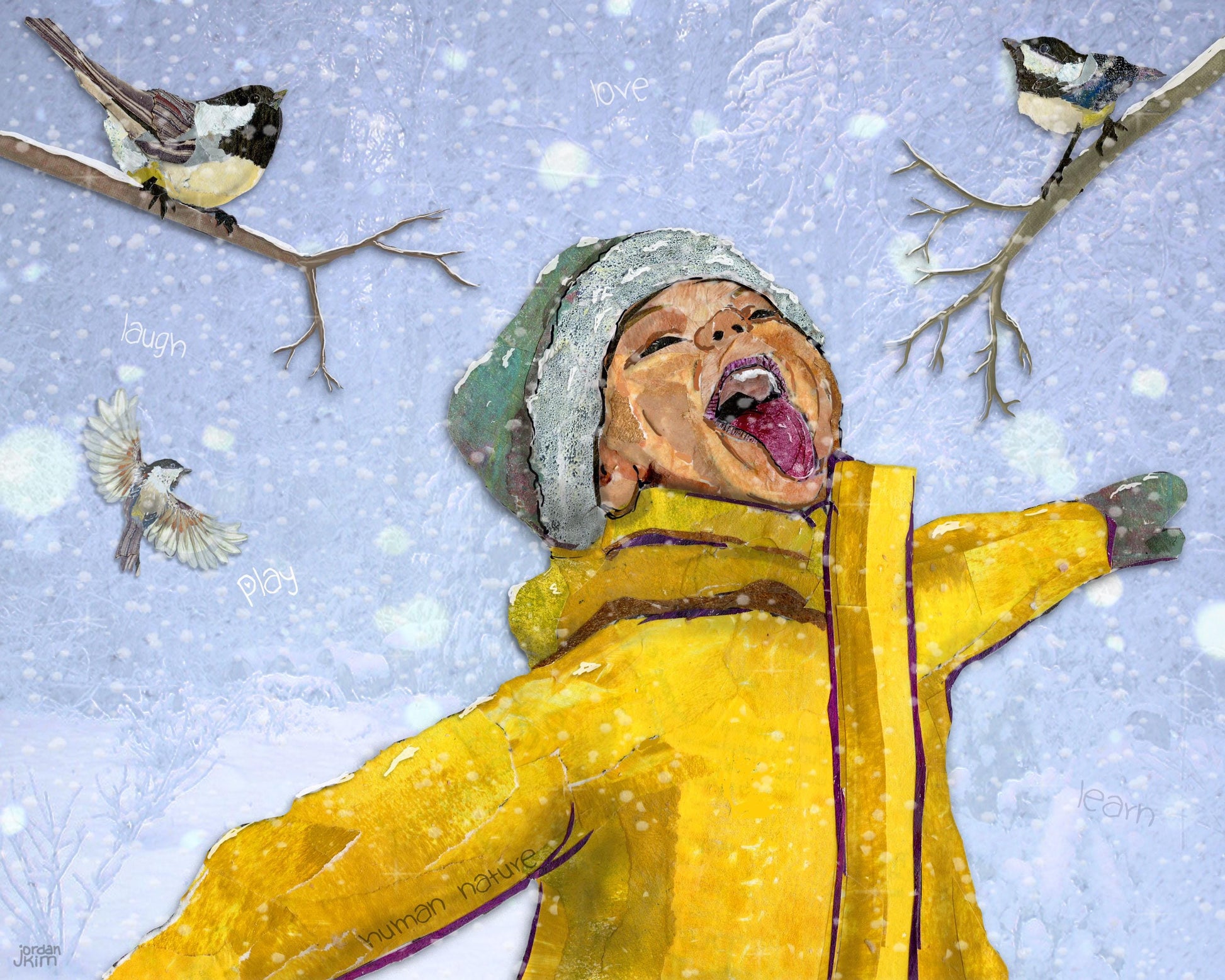 Human Nature Card – Child Catching Snowflakes Holiday Winter – 5x7 Blank Greeting Card