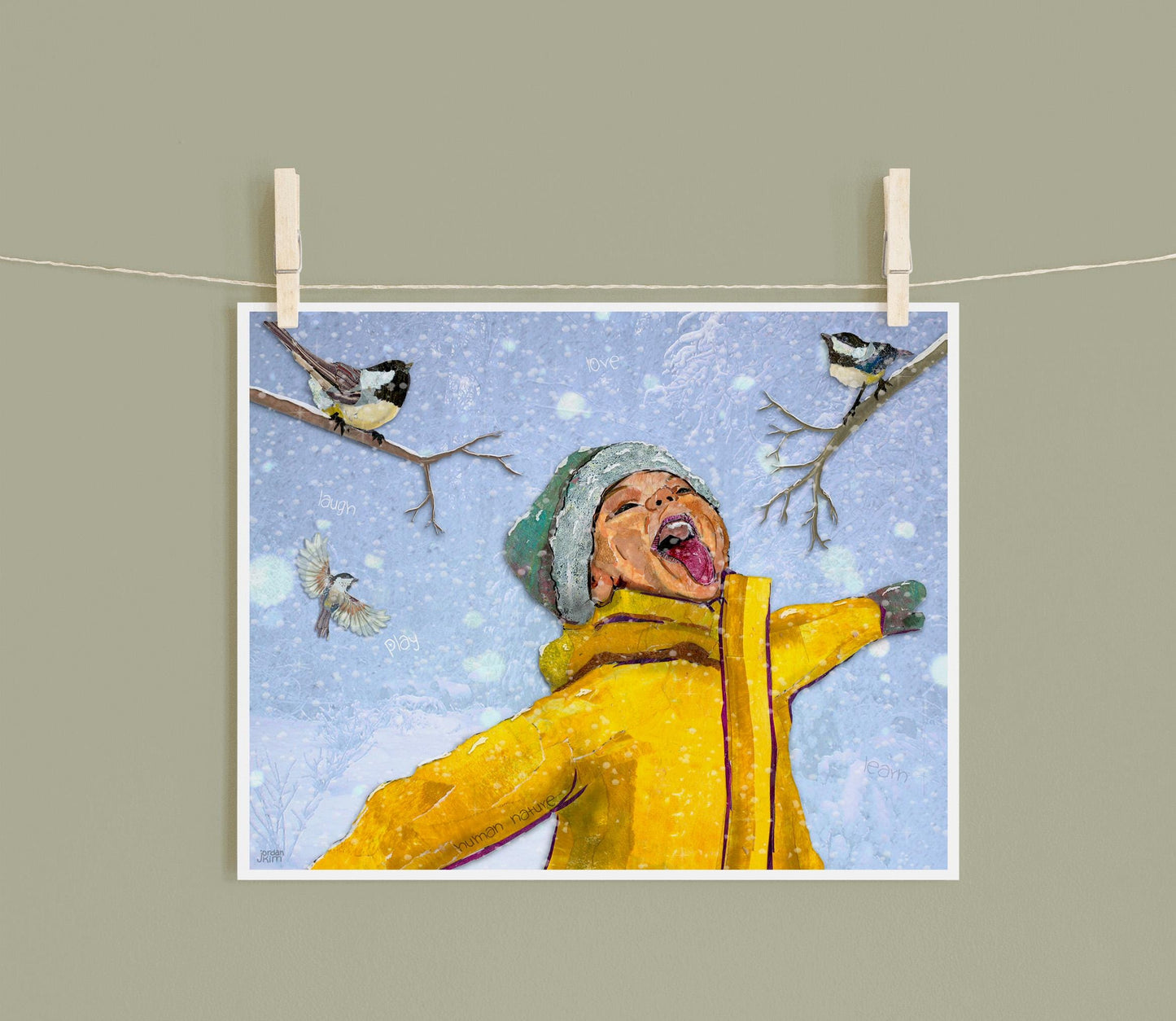 Child Catching Snowflakes Mixed Media Collage Print – 8x10 Winter Chickadee Art