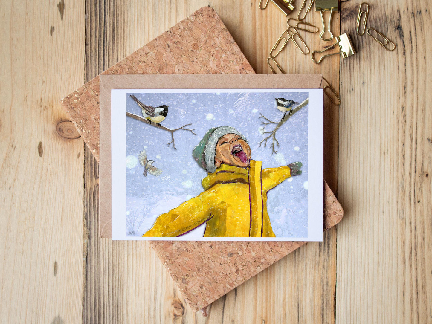 Human Nature Card – Child Catching Snowflakes Holiday Winter – 5x7 Blank Greeting Card