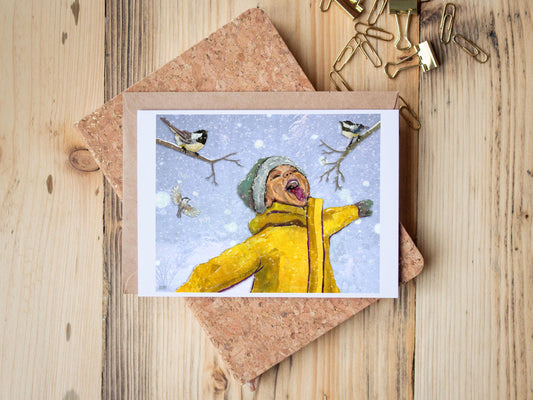 Human Nature Card – Child Catching Snowflakes Holiday Winter – 5x7 Blank Greeting Card
