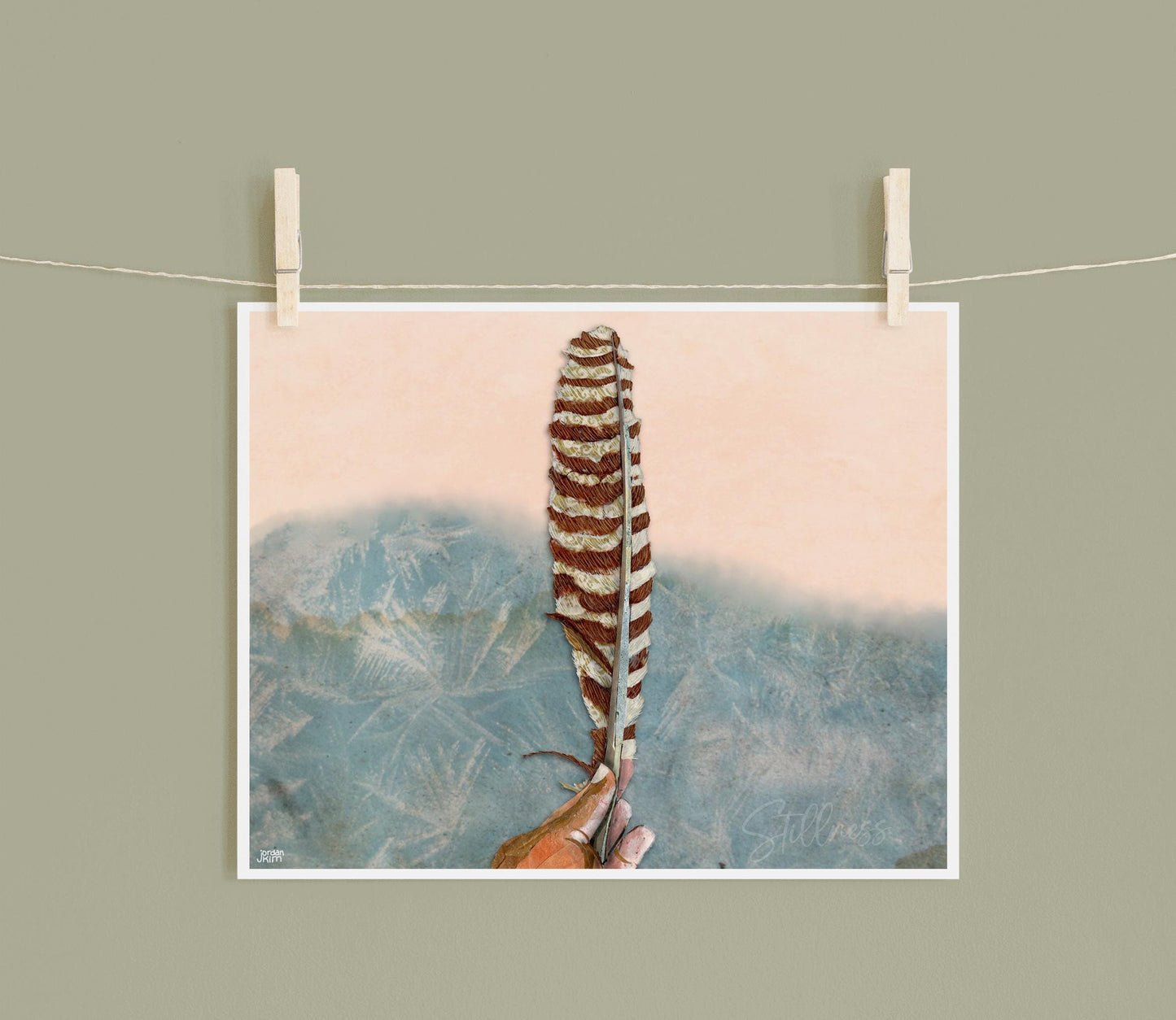 Feather Collage Wall Art – 8x10 Mixed Media Print, Stillness Theme