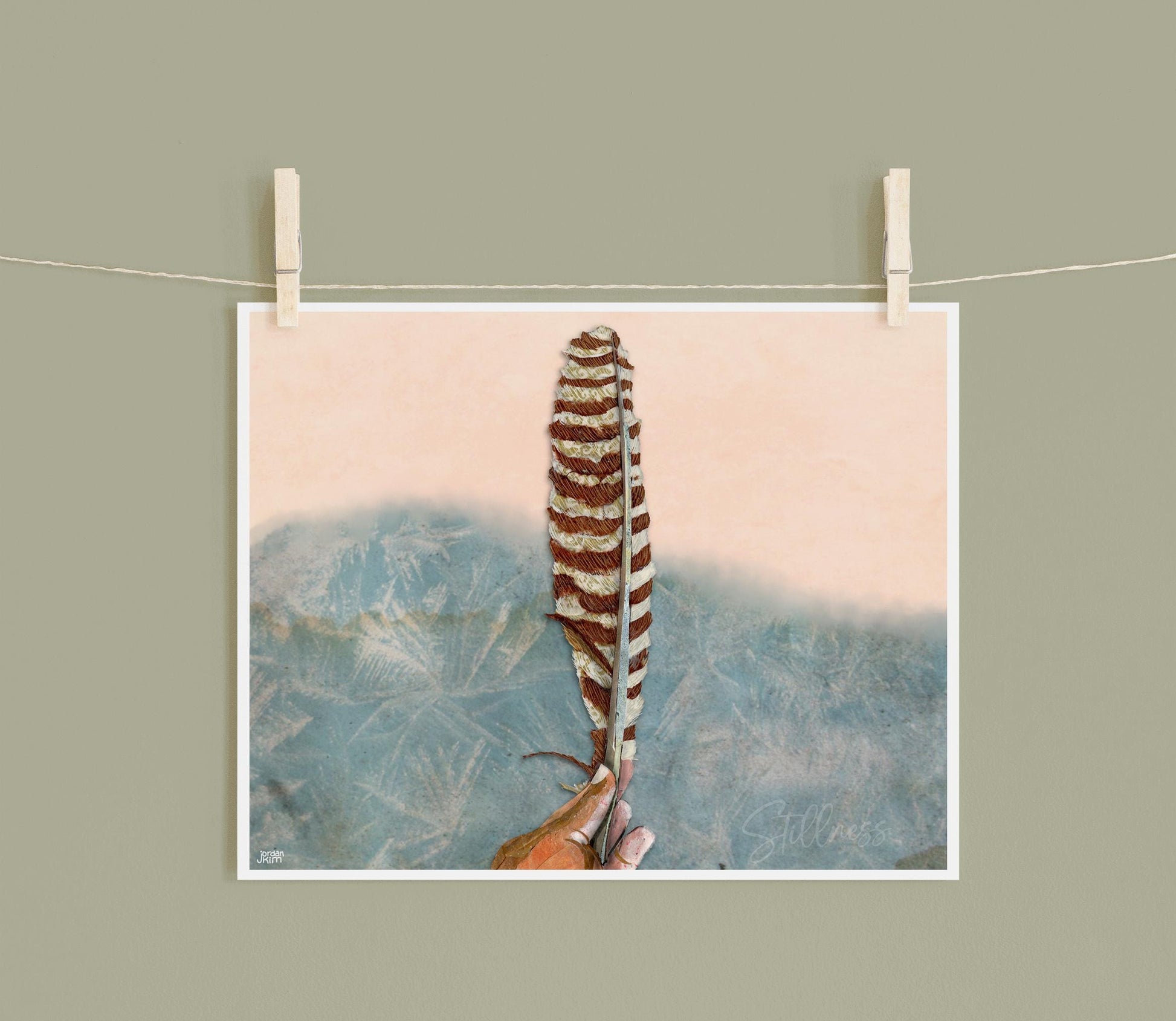 Feather Collage Wall Art – 8x10 Mixed Media Print, Stillness Theme