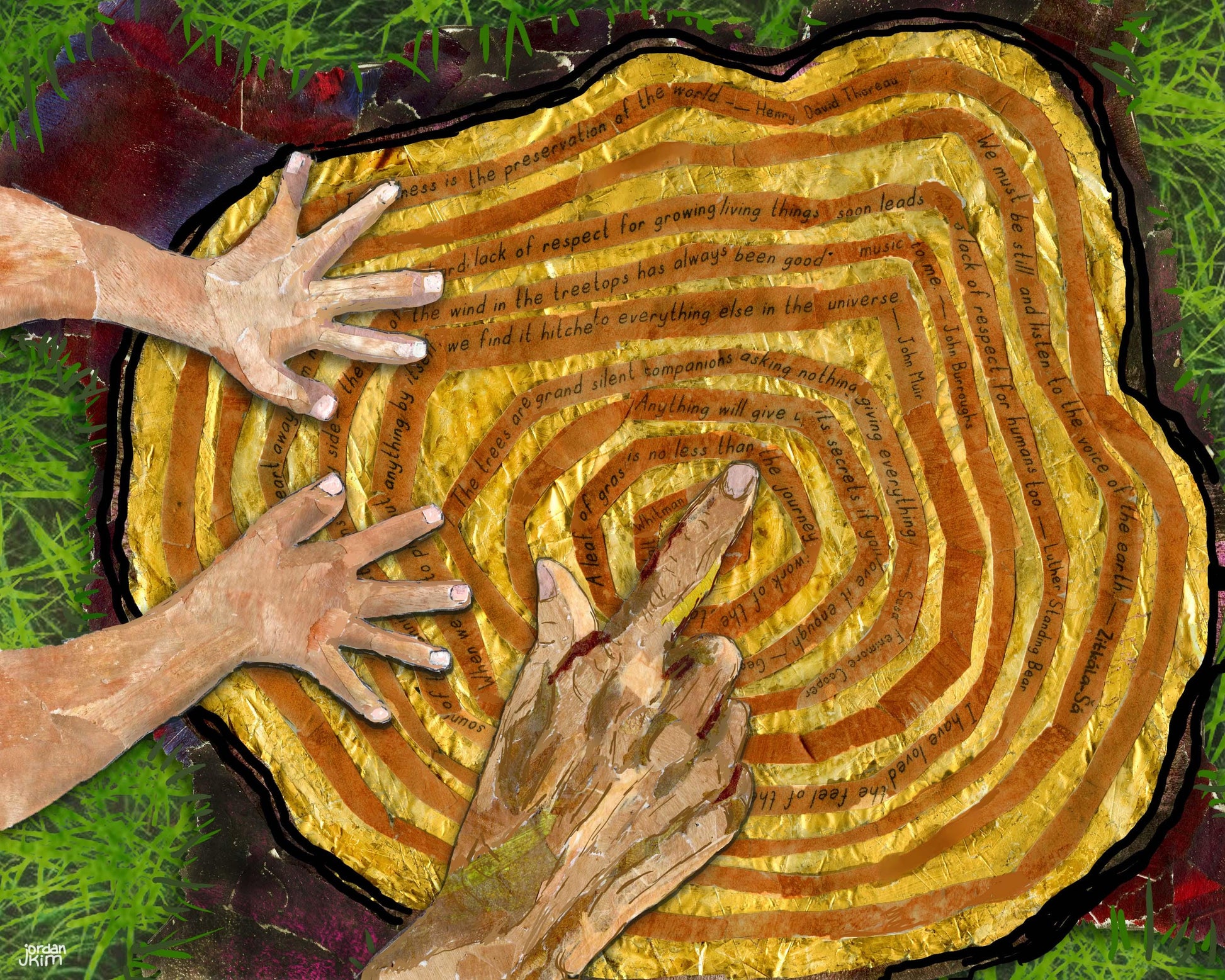 Growth Rings Card – Paper Collage Hands Touching Tree Stump 5x7 Blank Greeting Card