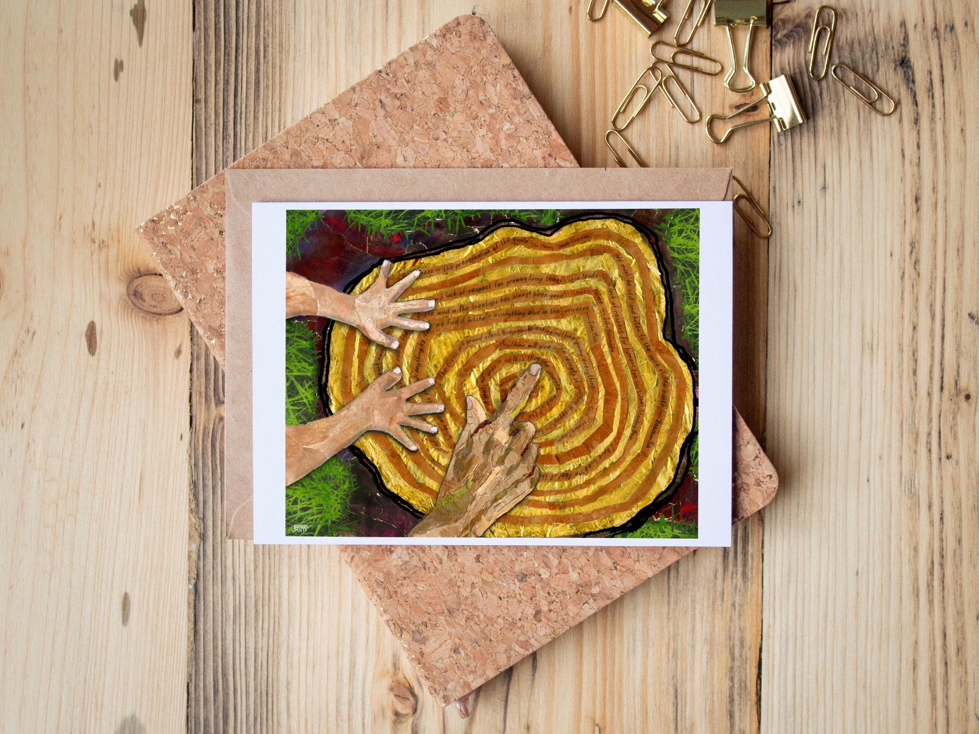 Growth Rings Card – Paper Collage Hands Touching Tree Stump 5x7 Blank Greeting Card