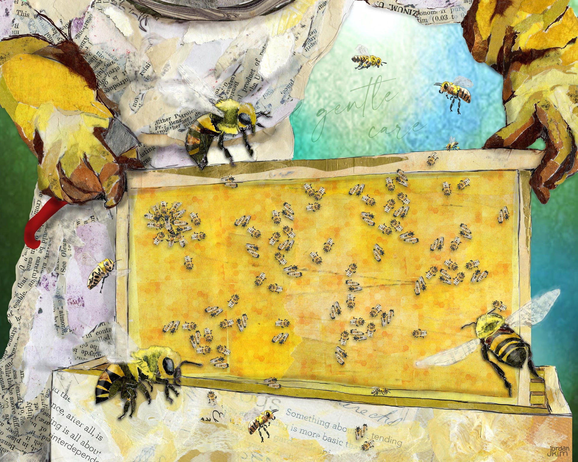 Honey Harvest Mixed Media Collage Print – 8x10 Beekeeper Bees Artwork